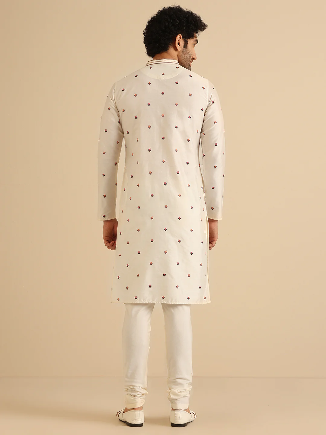 Cream Silk Blend Embroidered Kurta Churidar Set - Image 5