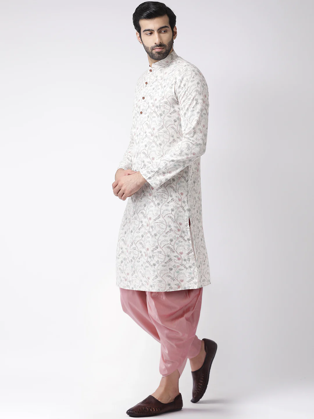 Beige Silk Blend Printed Kurta with Floral Motifs and Pink Dhoti Pants – Festive & Wedding Ensemble - Image 3