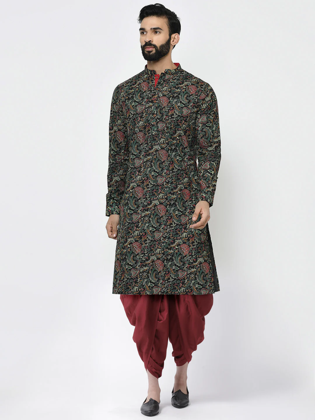 Black Printed Cotton Kurta Dhoti Set