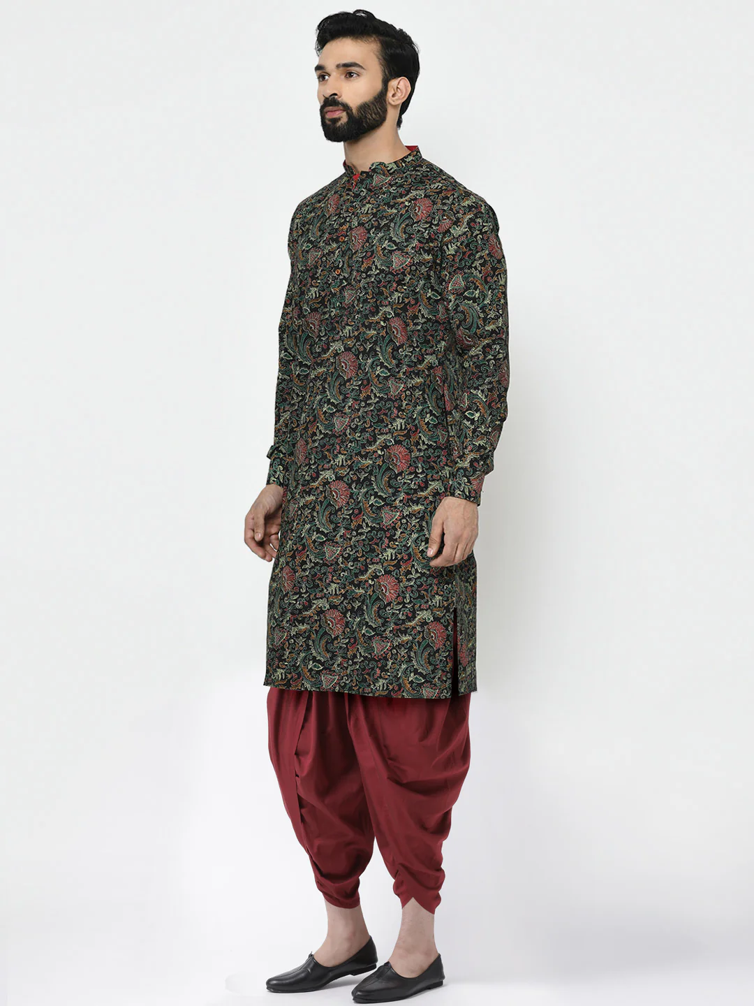 Black Printed Cotton Kurta Dhoti Set - Image 3
