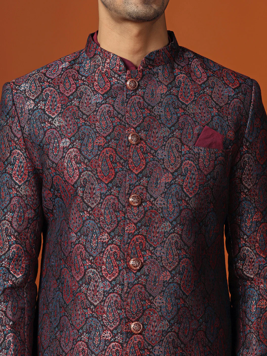 Maroon Silk Blend Jacquard Sherwani Dhoti Set - Image 5