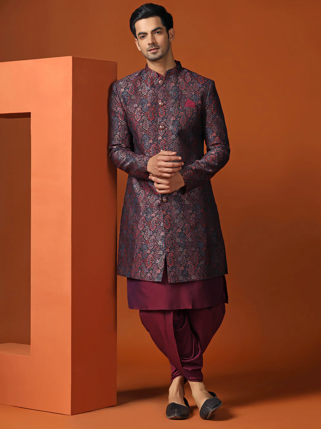 Maroon Silk Blend Jacquard Sherwani Dhoti Set - Image 8