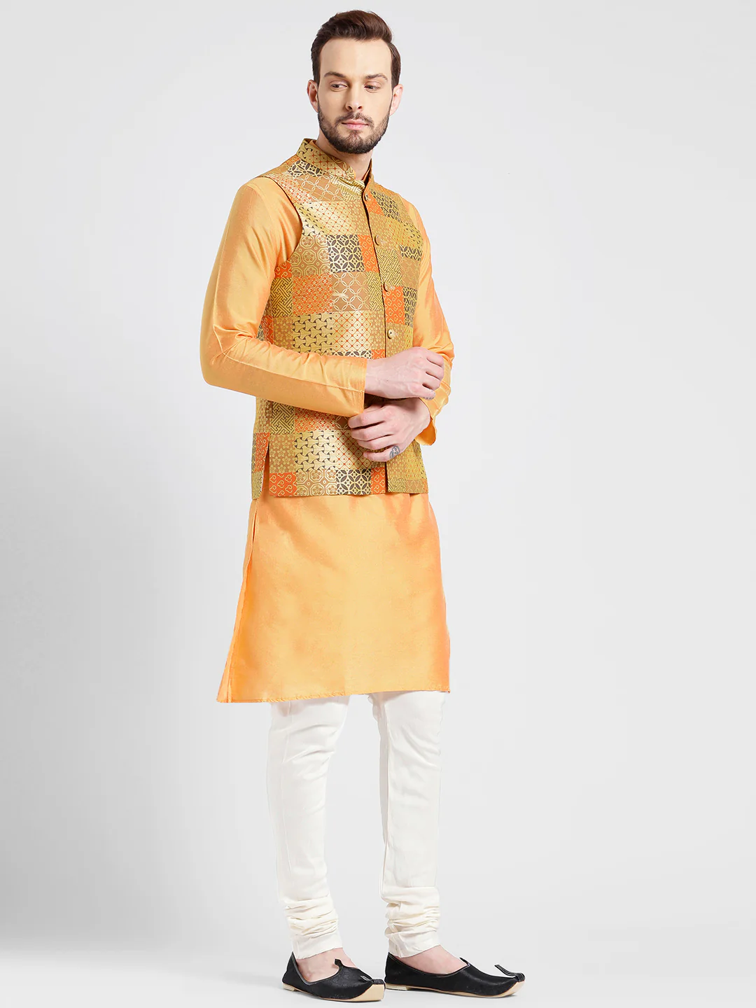 Orange Kurta with Patchwork Jacket & Churidar - Image 2