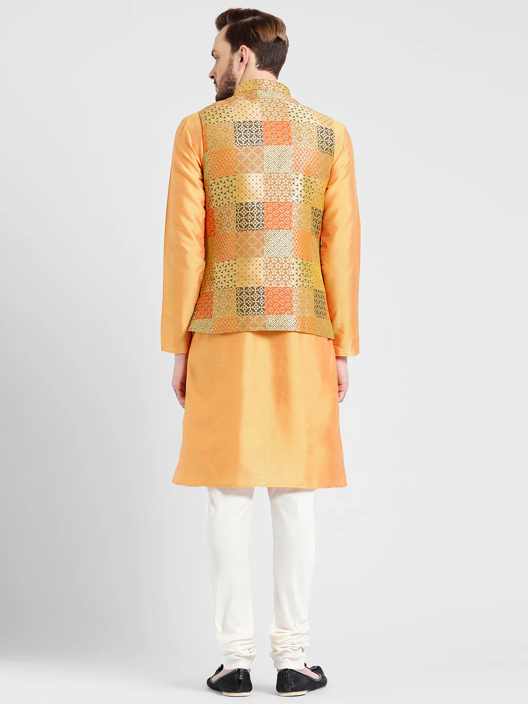 Orange Kurta with Patchwork Jacket & Churidar - Image 3