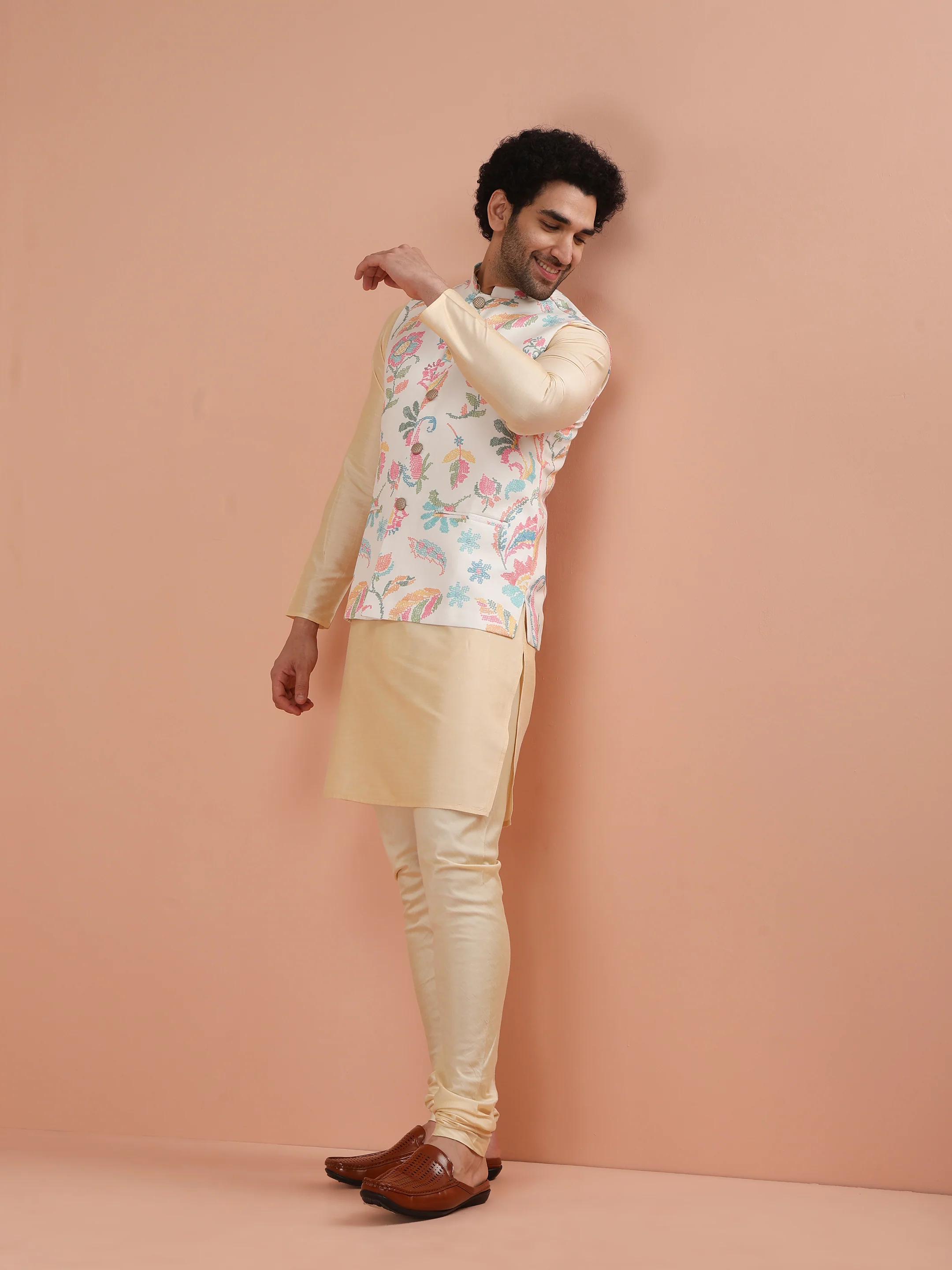 Cream Silk Blend Kurta Jacket Churidar Set - Image 3