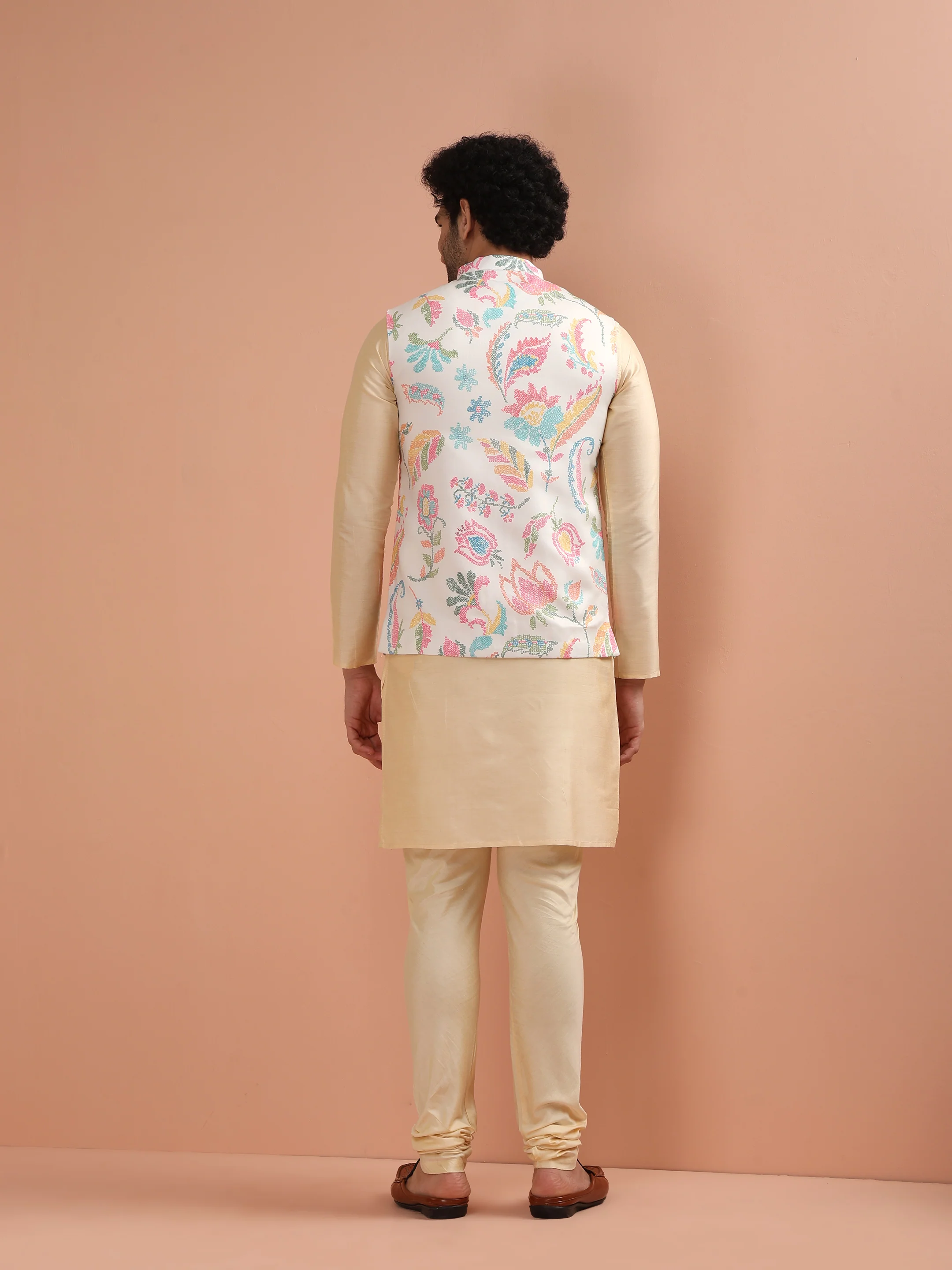Cream Silk Blend Kurta Jacket Churidar Set - Image 5