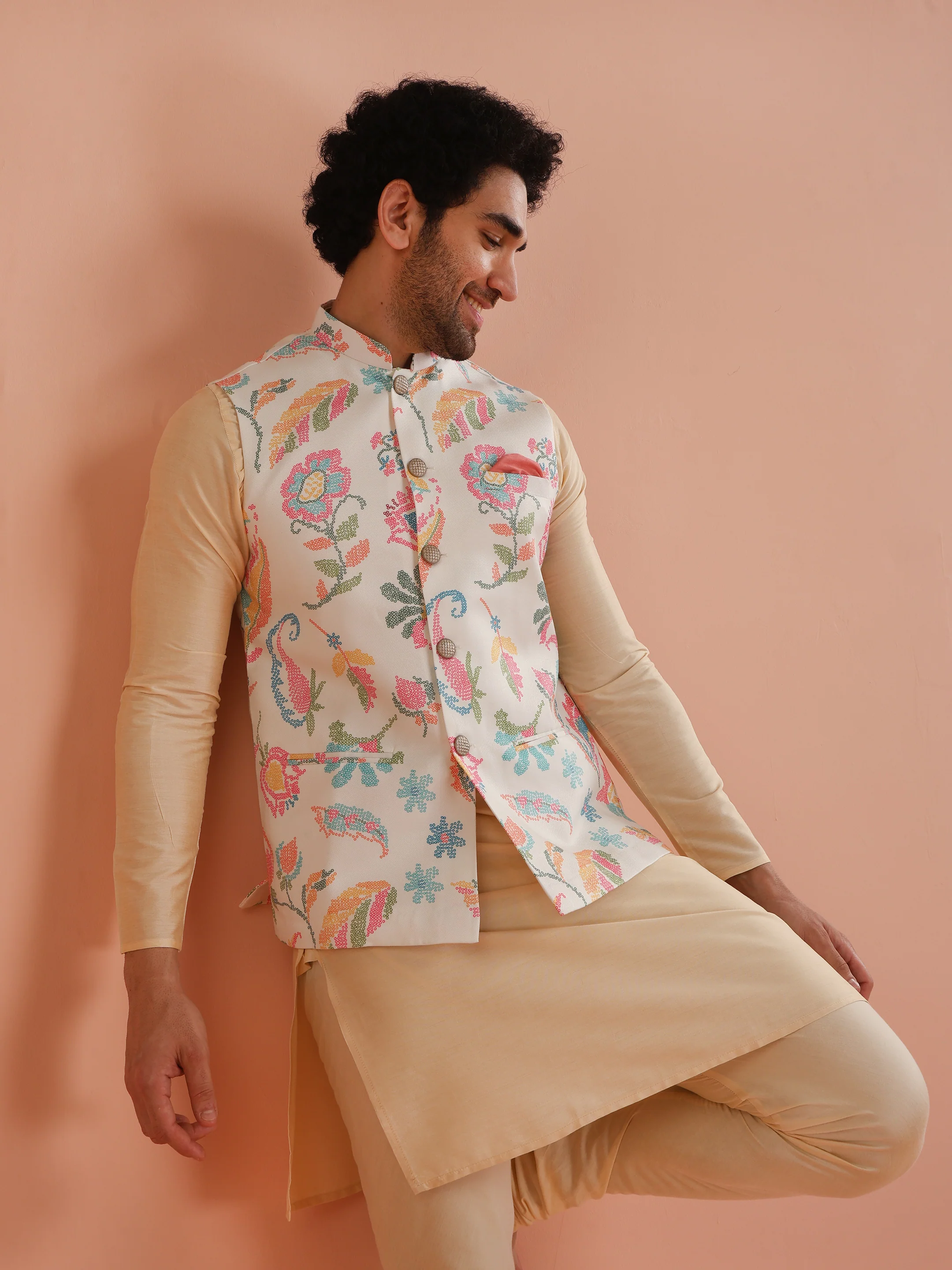 Cream Silk Blend Kurta Jacket Churidar Set - Image 9