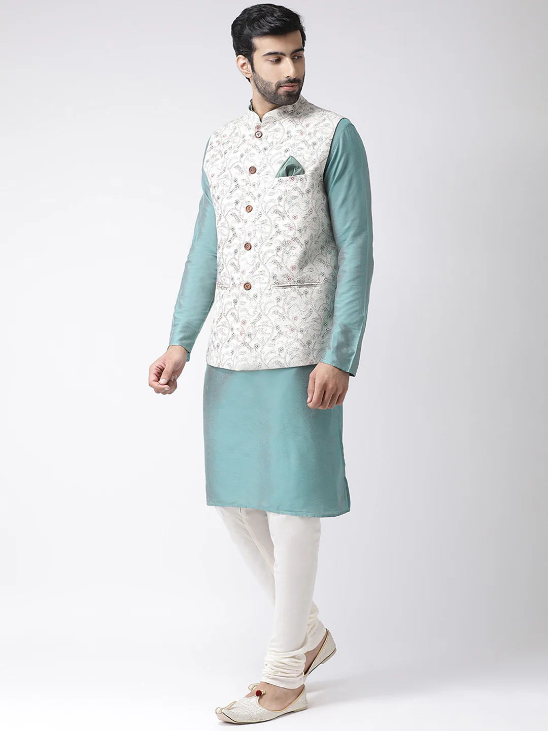 Cream Printed Jacket Aqua Kurta Churidar Set - Image 2