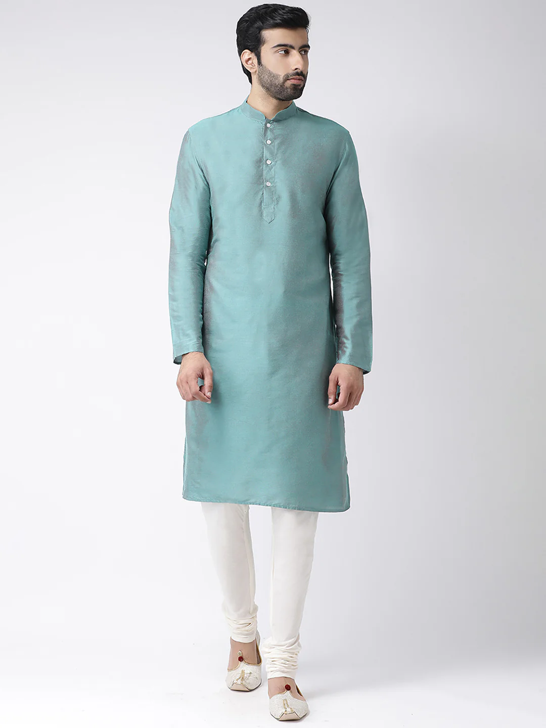 Cream Printed Jacket Aqua Kurta Churidar Set - Image 4