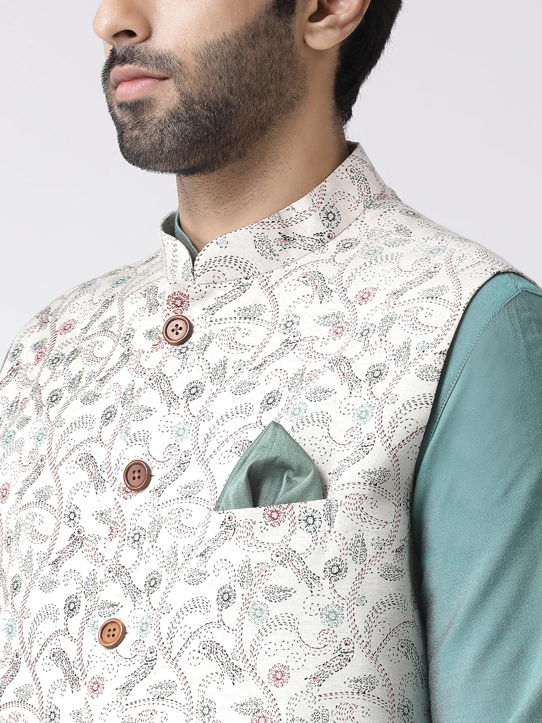 Cream Printed Jacket Aqua Kurta Churidar Set - Image 5