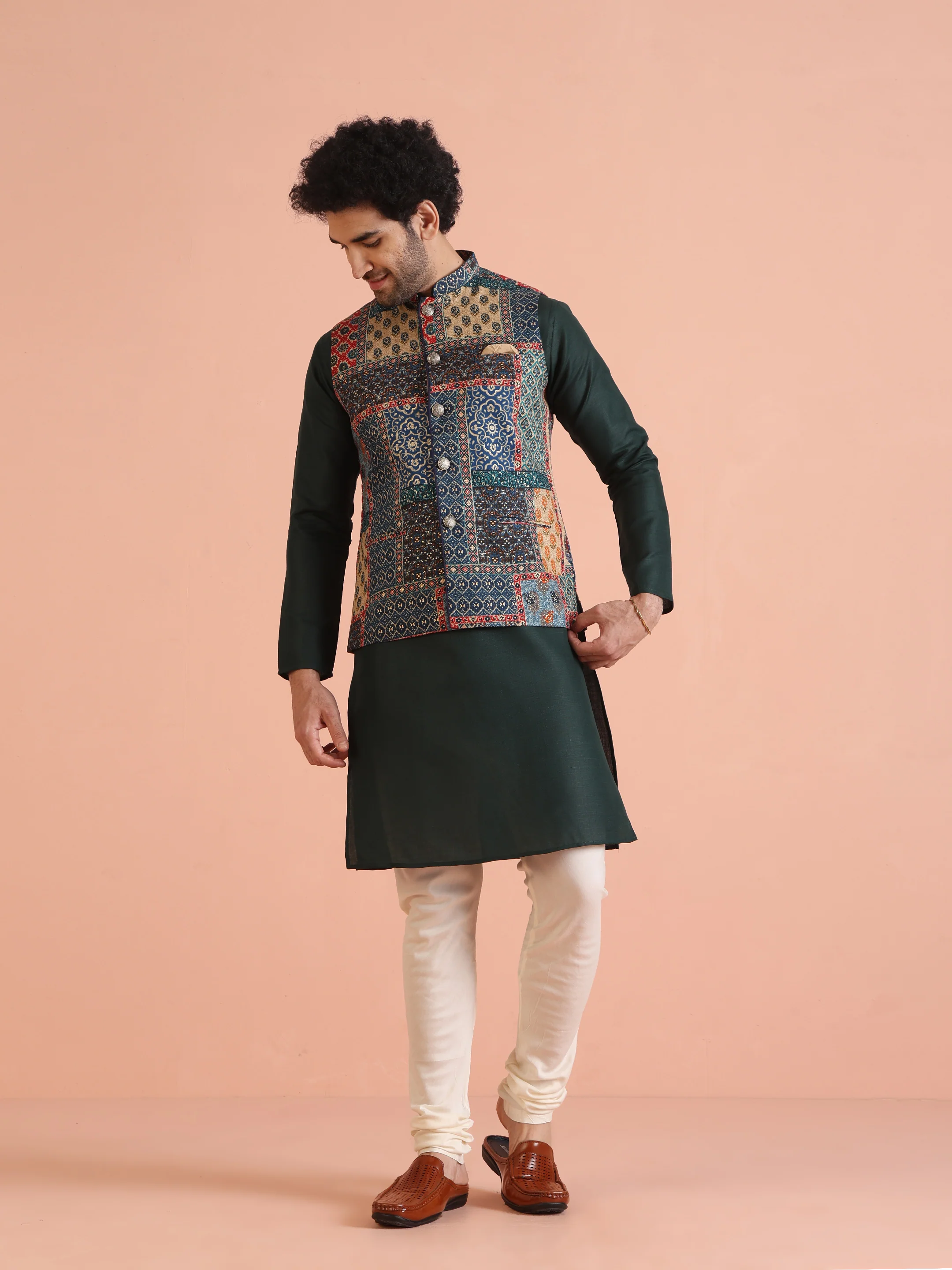 Multi Cotton Printed Jacket Kurta Churidar Set - Image 3