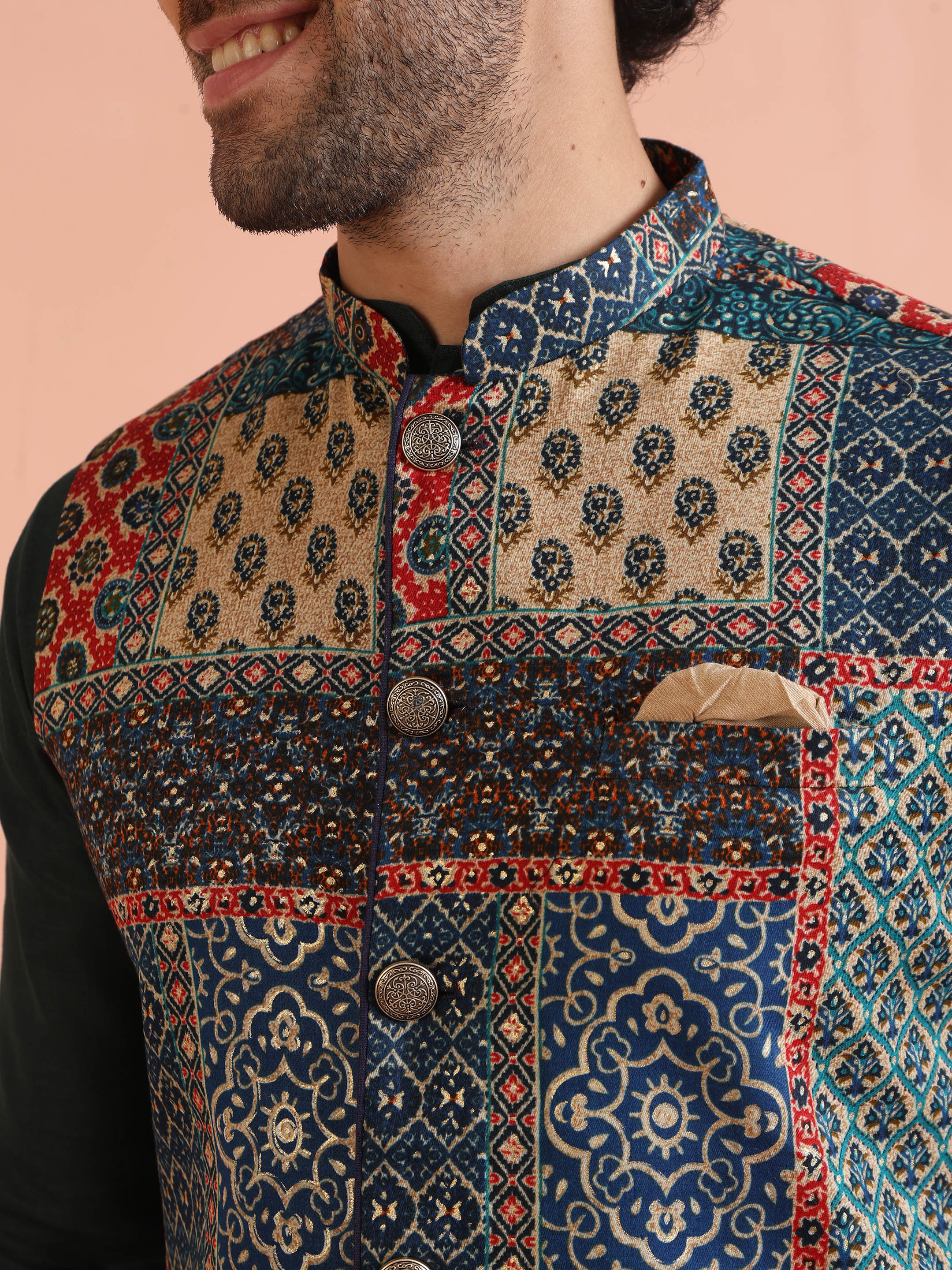 Multi Cotton Printed Jacket Kurta Churidar Set - Image 5