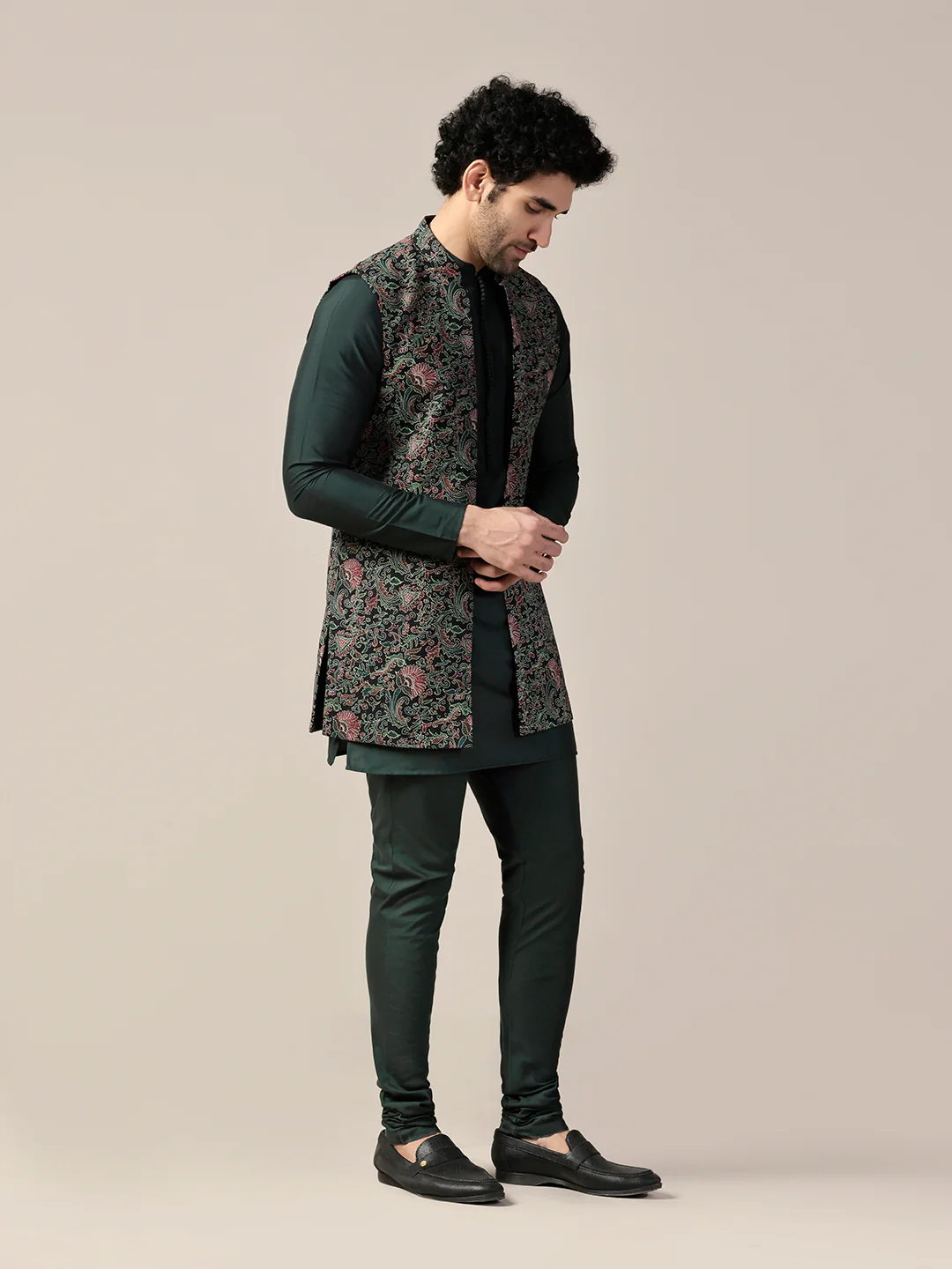 Multi Color Silk Blend Printed Nehru Jacket Set - Image 2