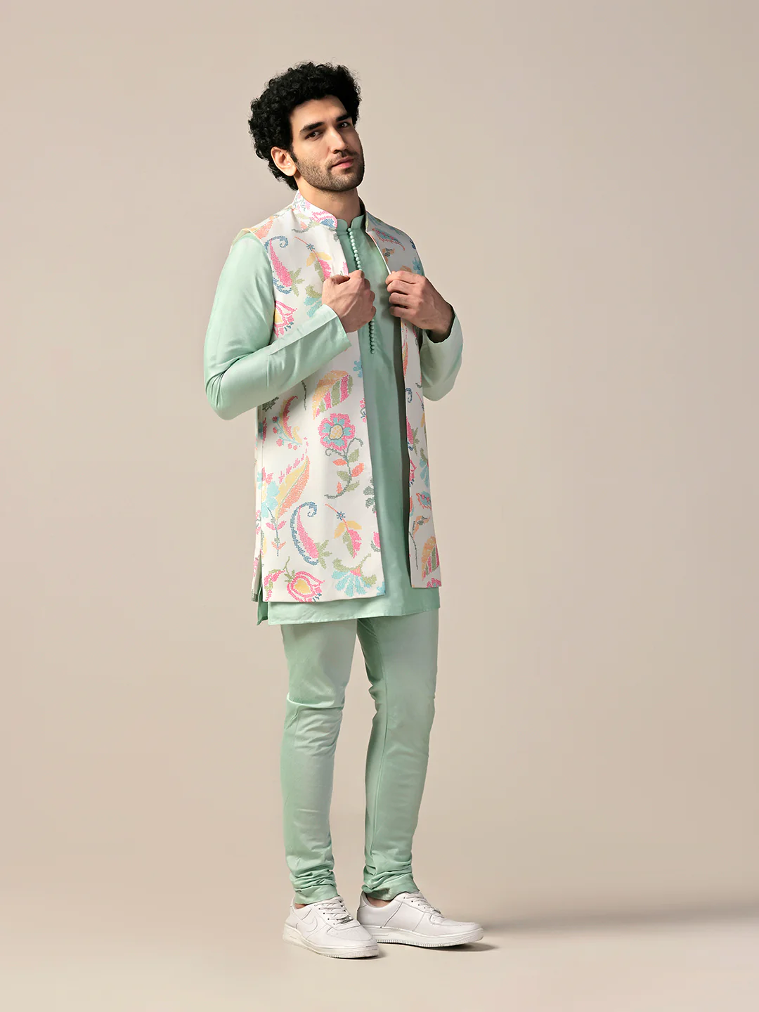 Mint Green Cotton Silk Floral Nehru Jacket Kurta Churidar - Image 2