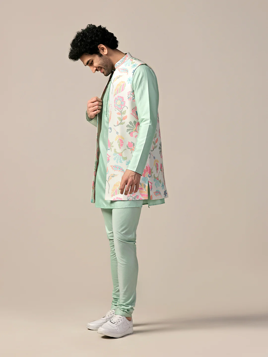 Mint Green Cotton Silk Floral Nehru Jacket Kurta Churidar - Image 3