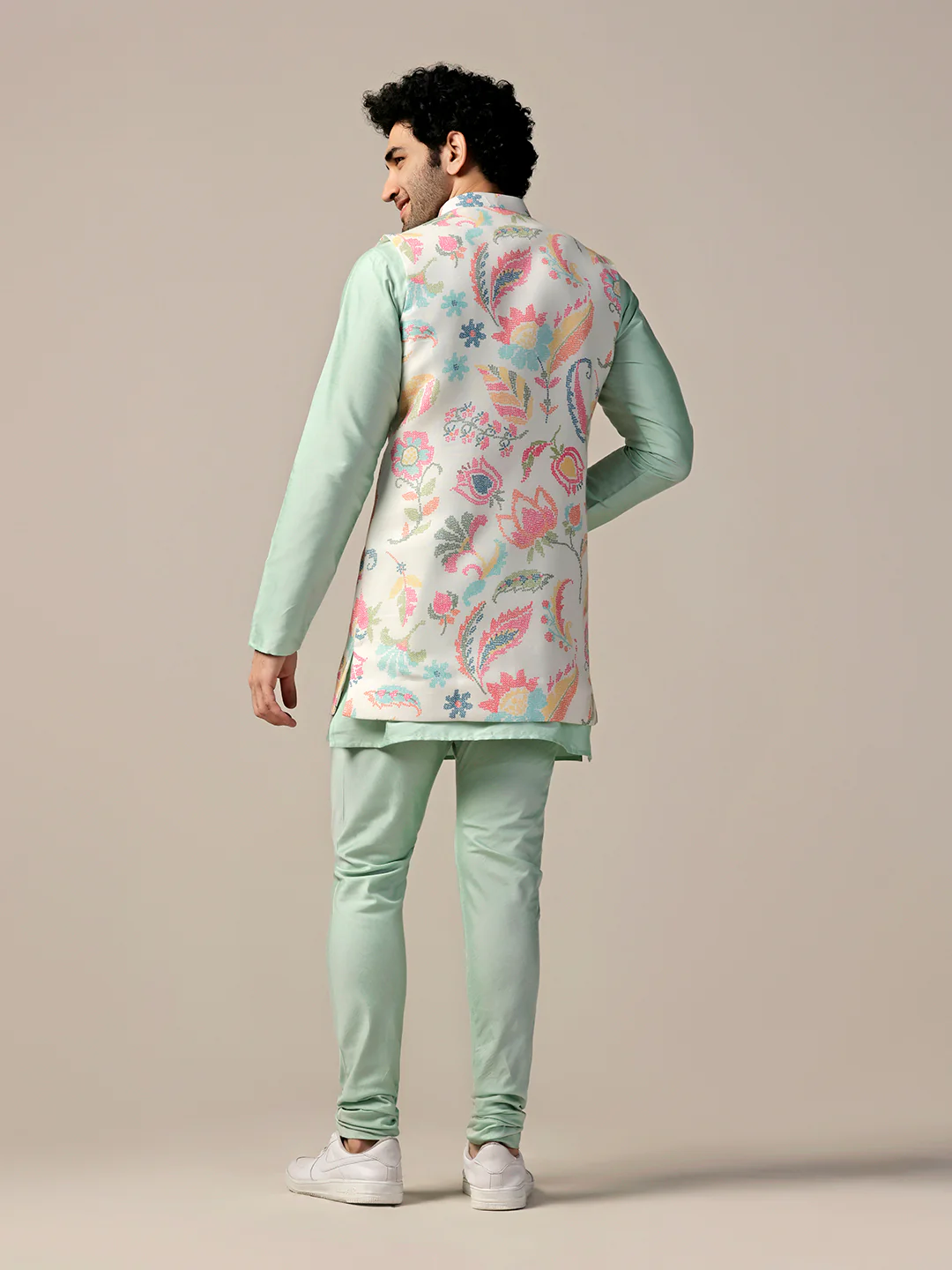 Mint Green Cotton Silk Floral Nehru Jacket Kurta Churidar - Image 4
