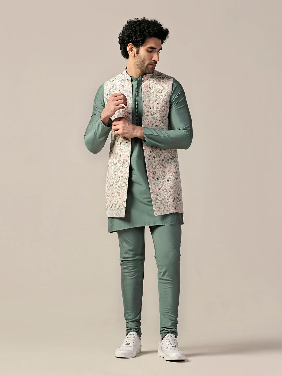 Multicolor Printed Jacket Green Kurta Churidar Set