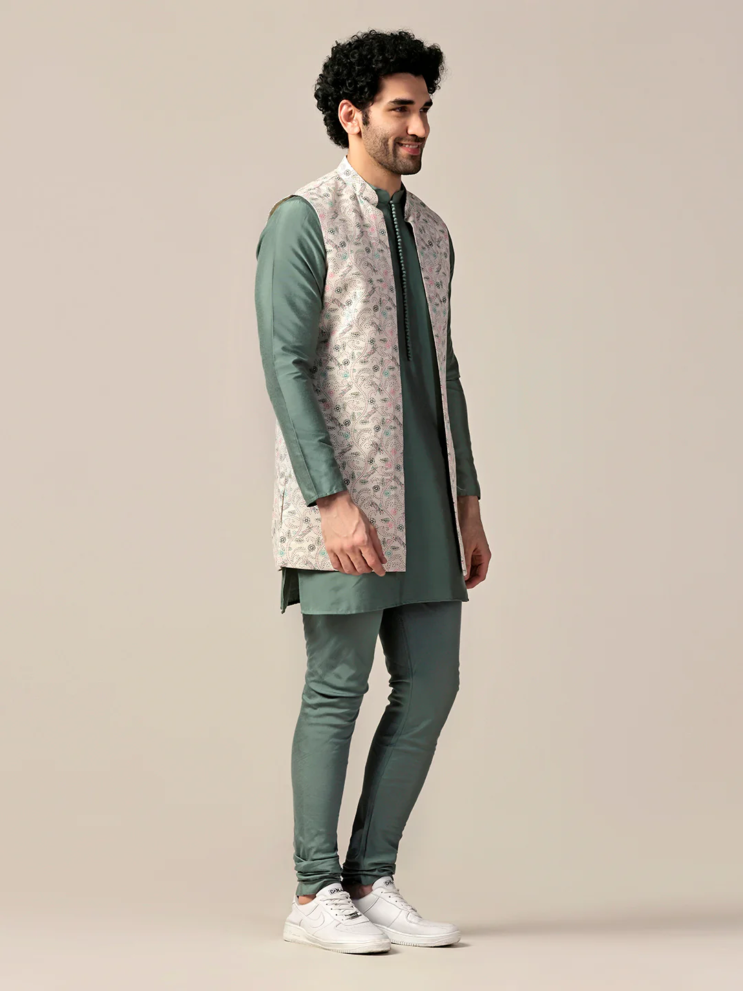 Multicolor Printed Jacket Green Kurta Churidar Set - Image 2