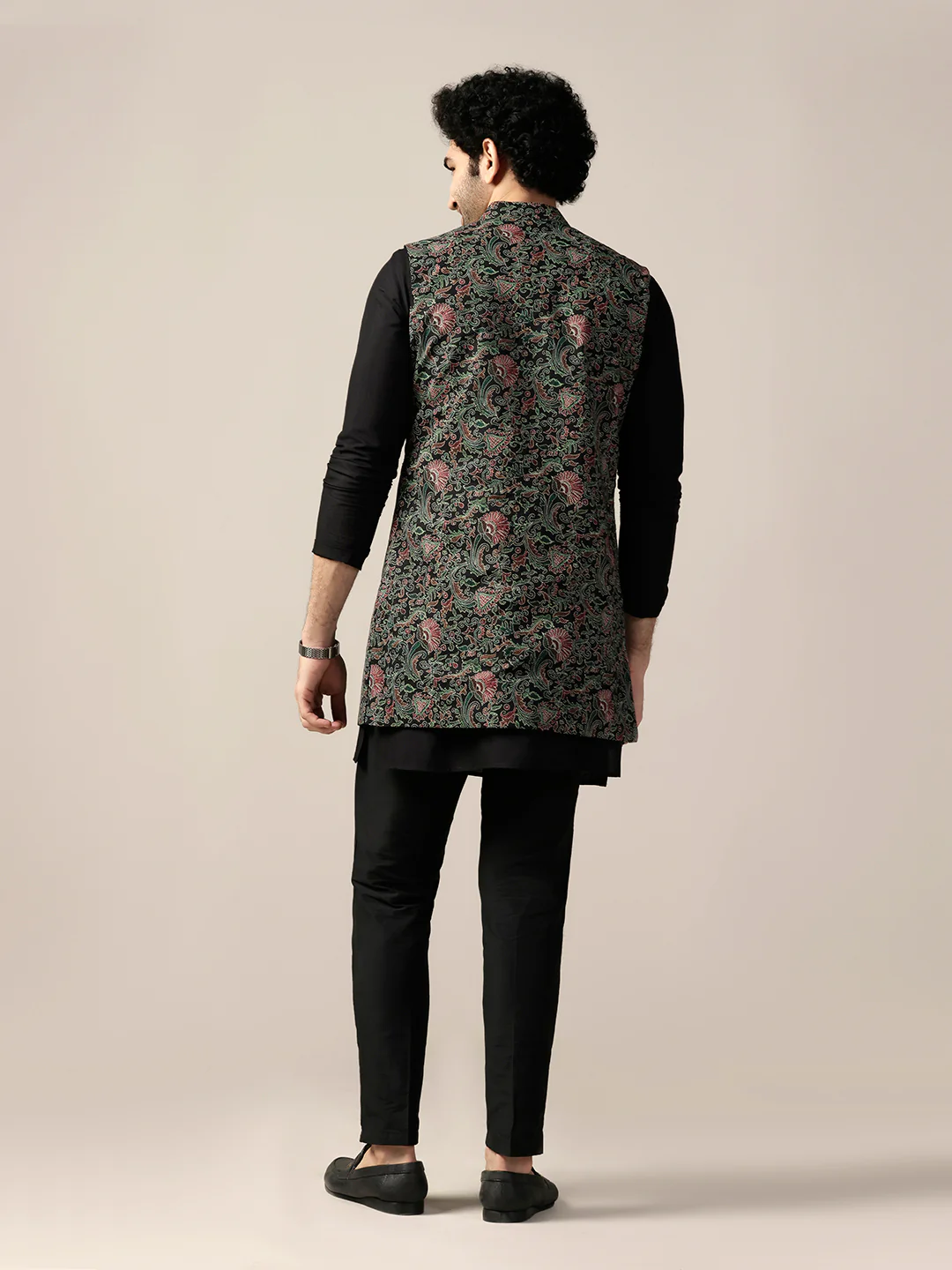 Black Silk Blend Printed Jacket Kurta Trouser Set - Image 4