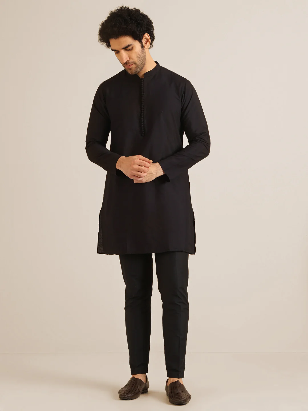Black Silk Blend Printed Jacket Kurta Trouser Set - Image 6
