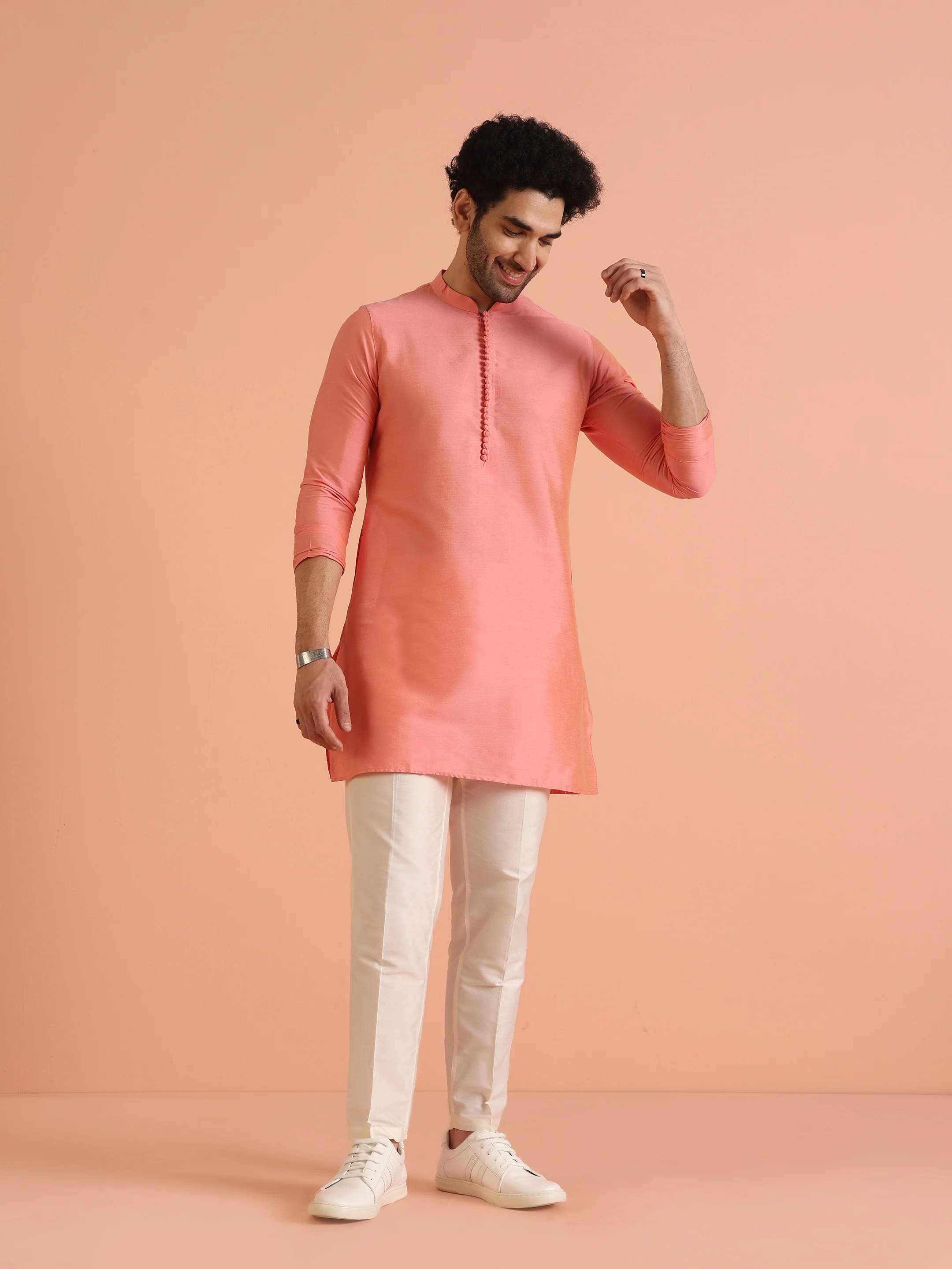 Peach Printed Jacket Kurta Ivory Trouser Set - Image 7