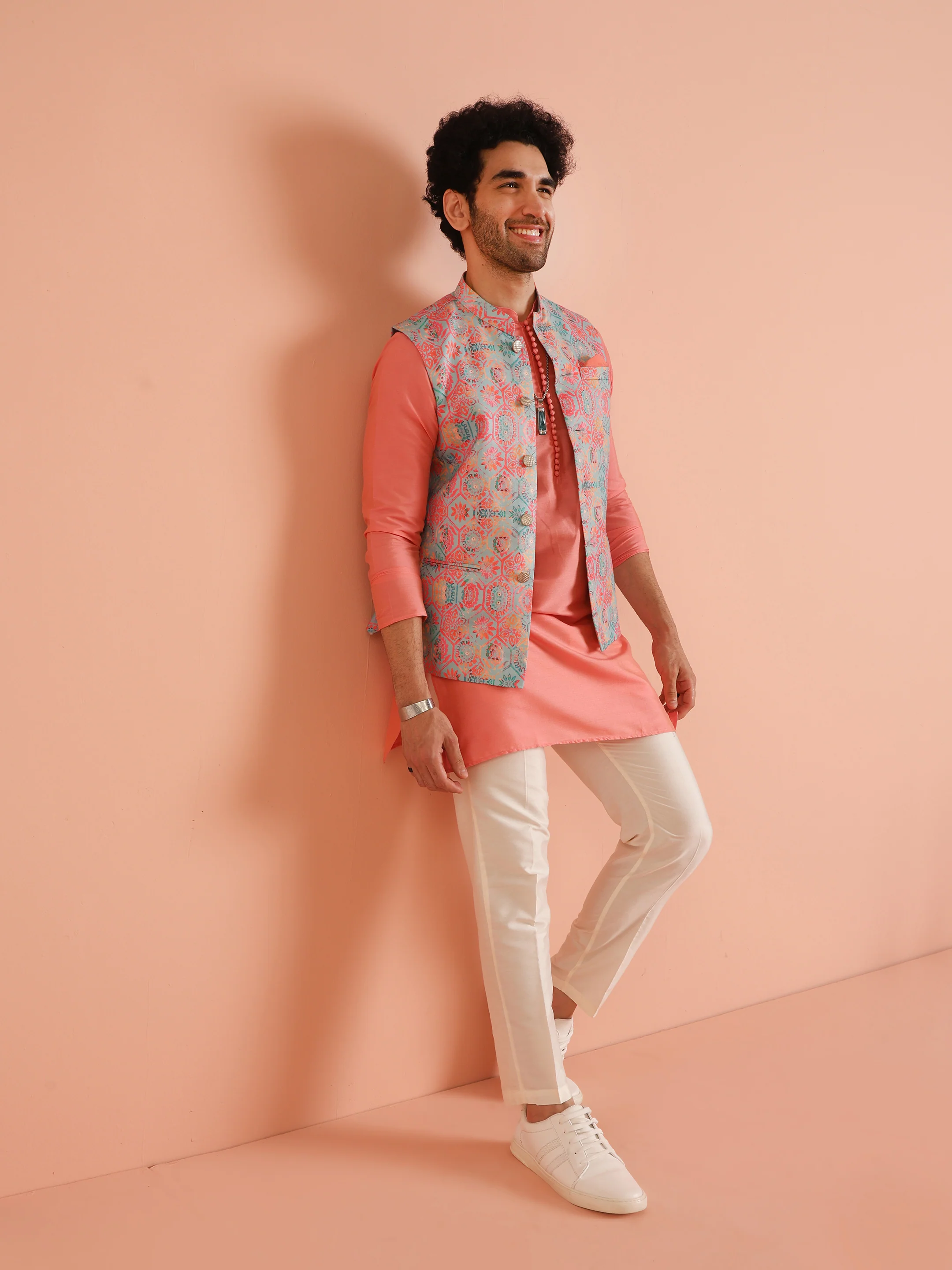 Peach Printed Jacket Kurta Ivory Trouser Set - Image 8