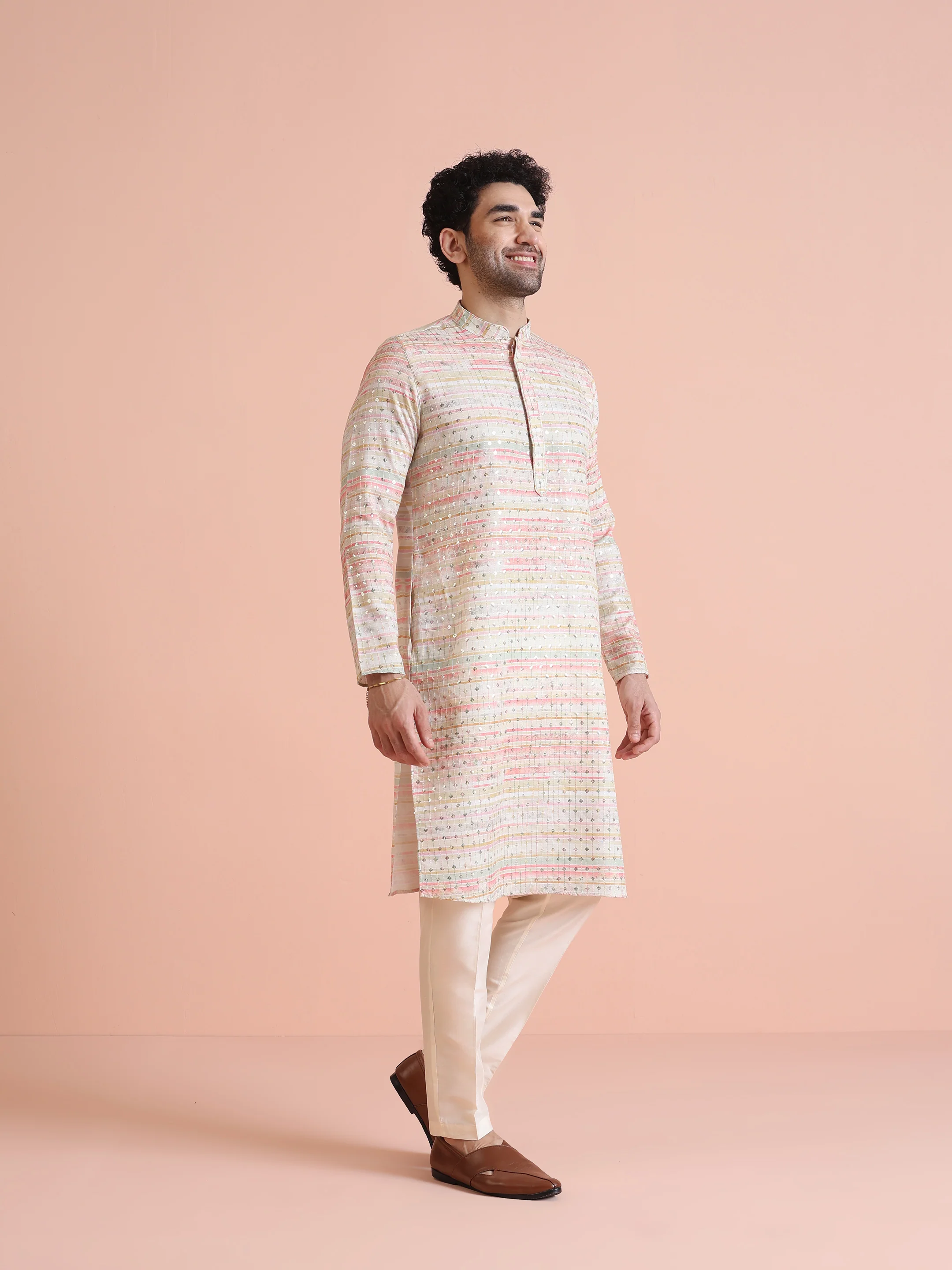 Pastel Cotton Silk Printed Mirror Kurta - Image 4