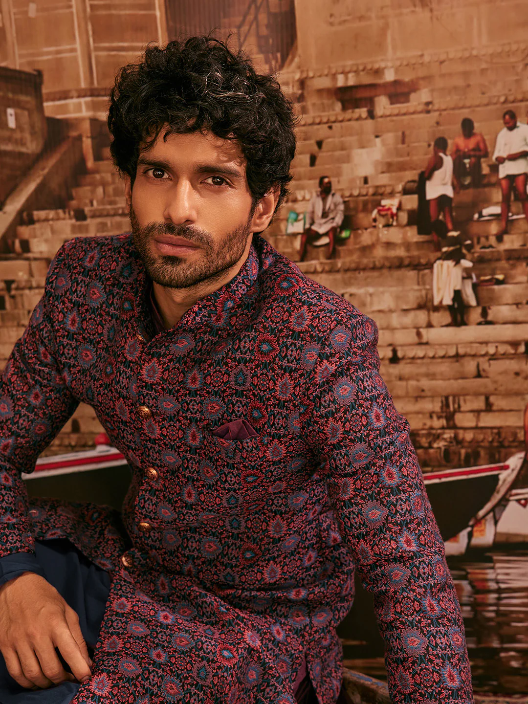 Men Multi Coloured Textured Kurta Indowestern Trouser Set