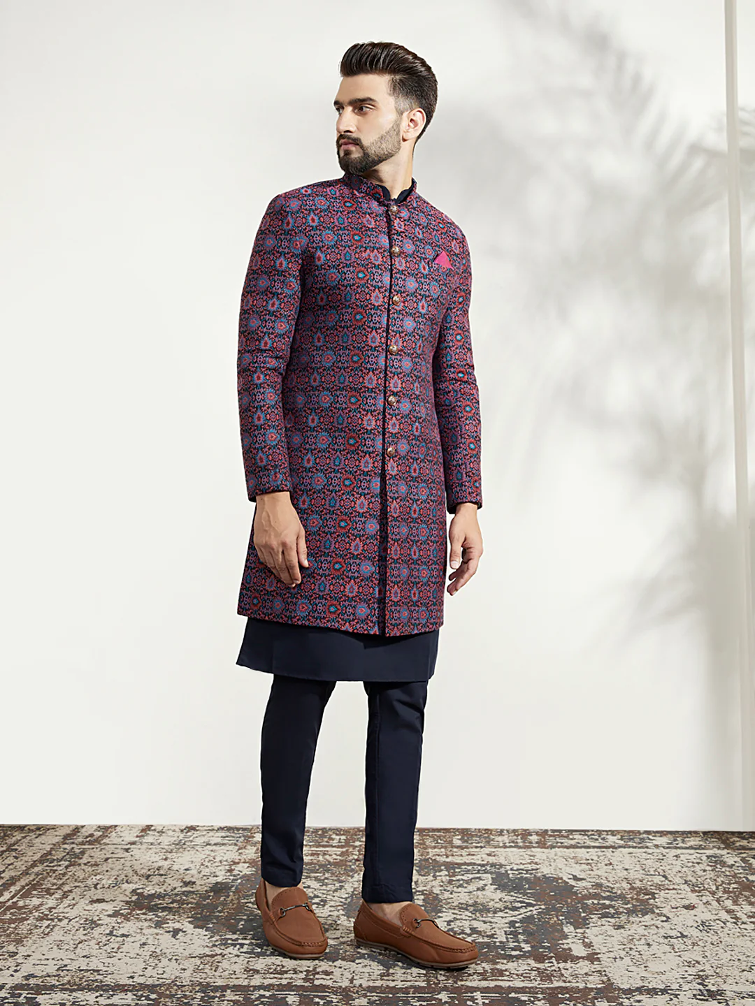 Men Multi Coloured Textured Kurta Indowestern Trouser Set - Image 2