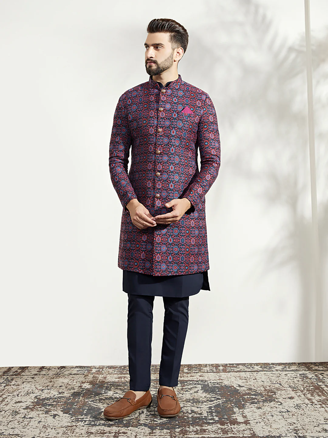 Men Multi Coloured Textured Kurta Indowestern Trouser Set - Image 9