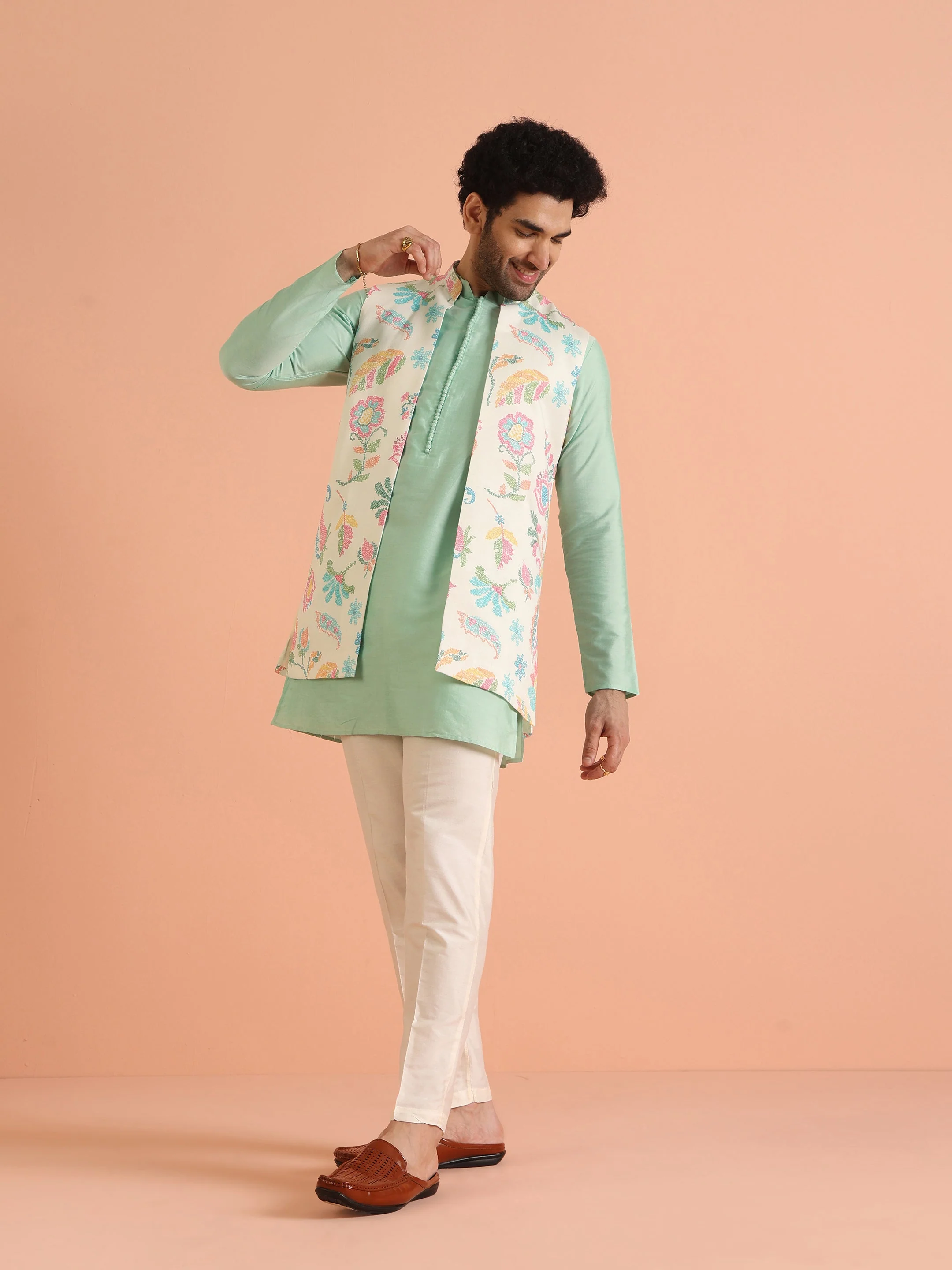 Mint Green Cotton Silk Floral Nehru Jacket Kurta Trouser - Image 10