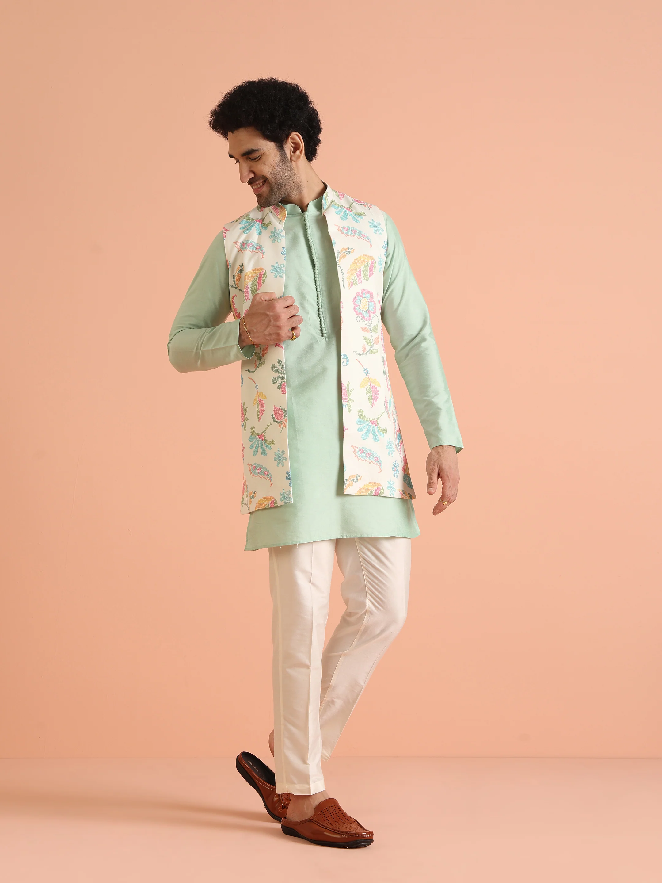 Mint Green Cotton Silk Floral Nehru Jacket Kurta Trouser - Image 3