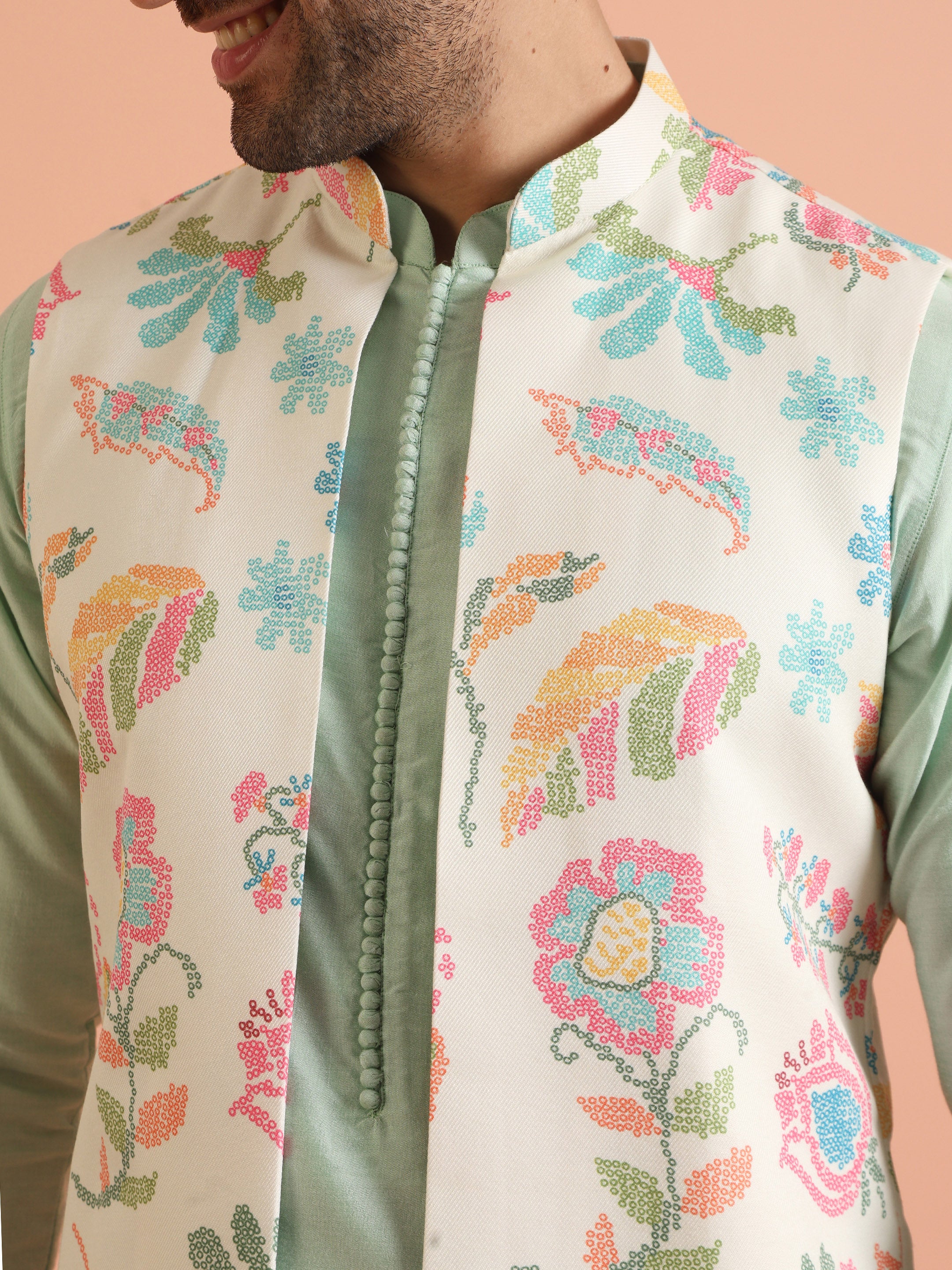 Mint Green Cotton Silk Floral Nehru Jacket Kurta Trouser - Image 5