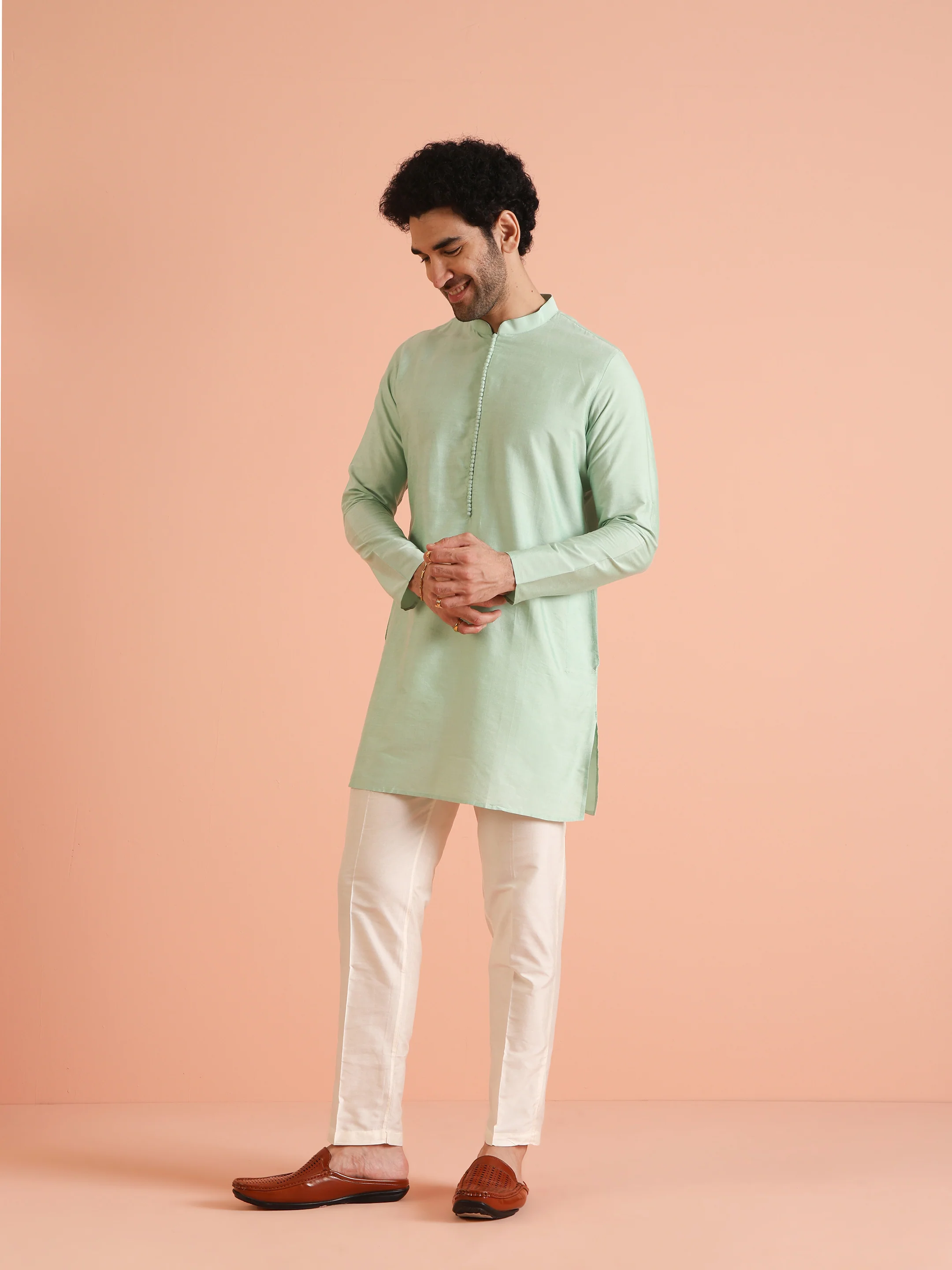 Mint Green Cotton Silk Floral Nehru Jacket Kurta Trouser - Image 7