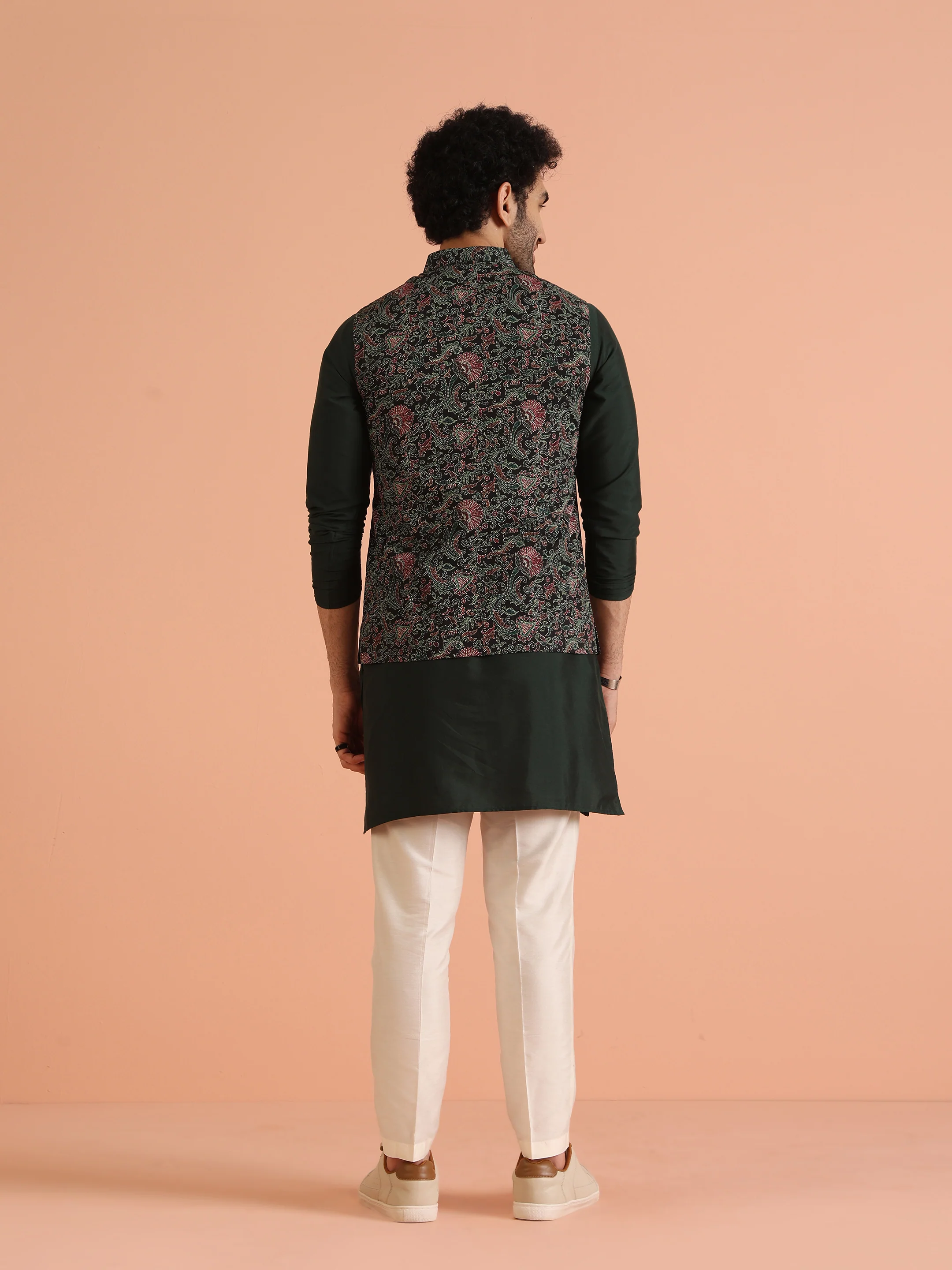 Green Multi Kantha Print Jacket Kurta Trouser Set - Image 5