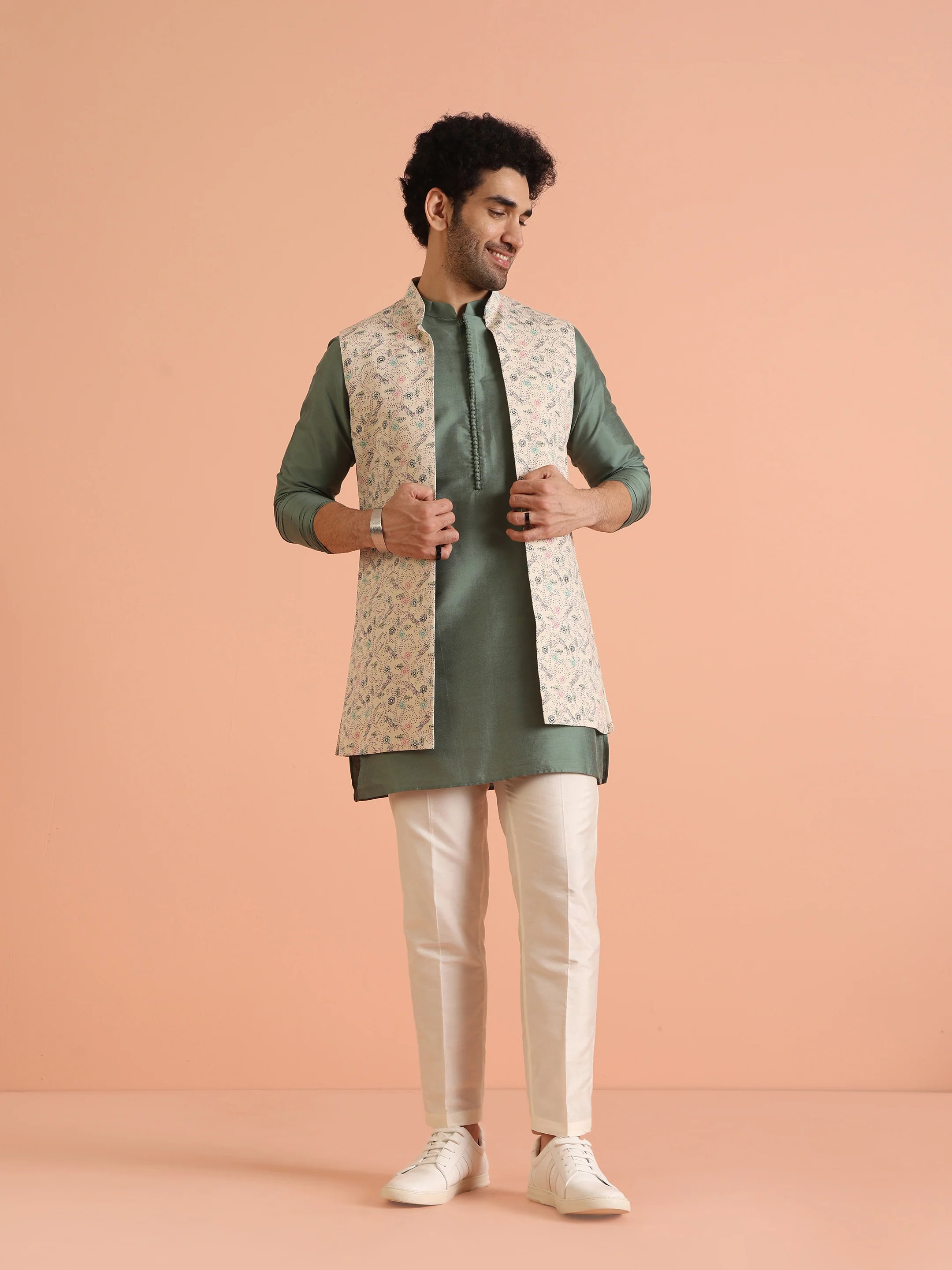 Green Silk Blend Printed Jacket Kurta Trouser Set
