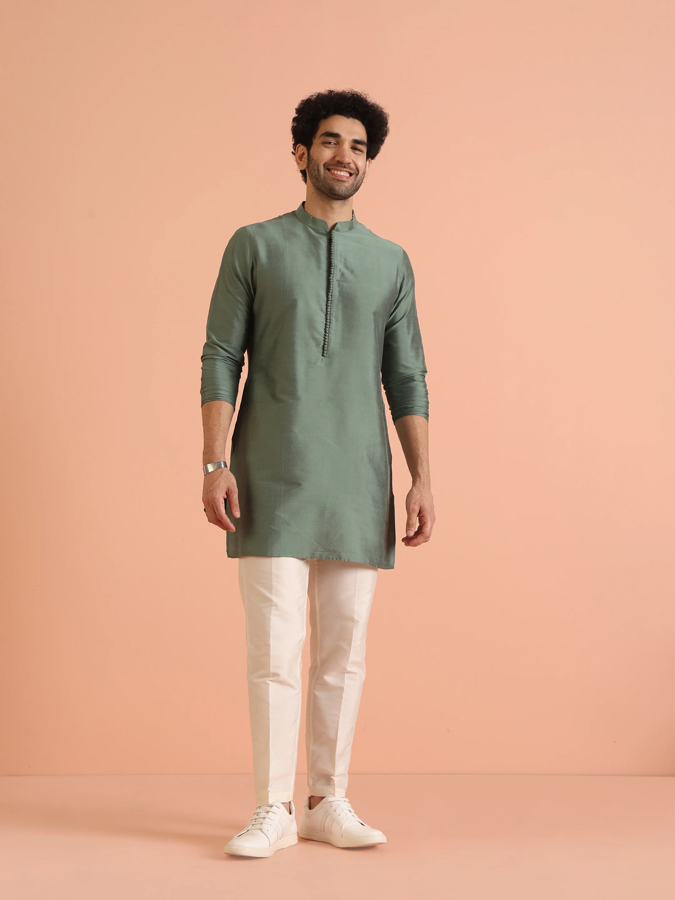 Green Silk Blend Printed Jacket Kurta Trouser Set - Image 6