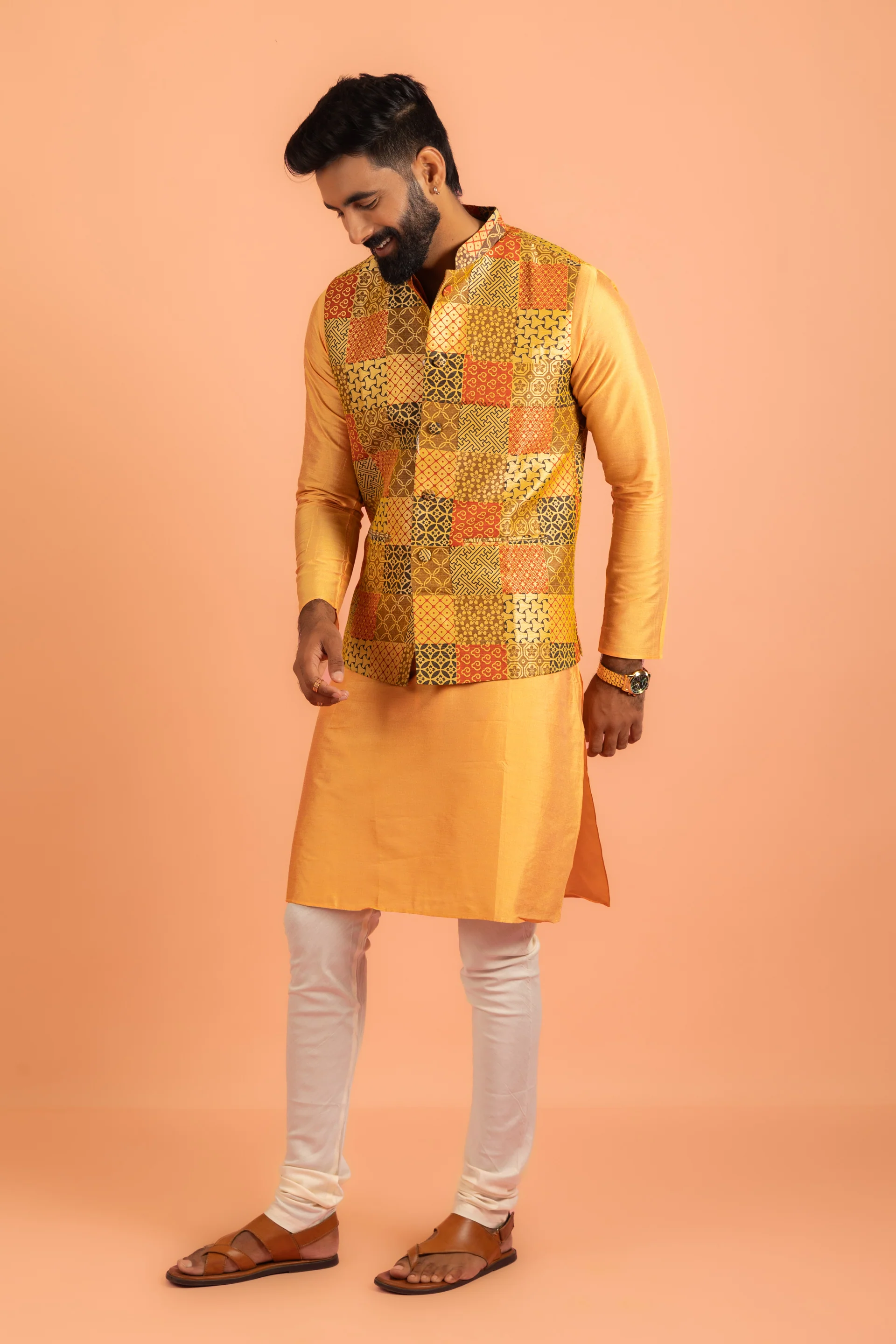 Yellow Silk Printed Nehru Jacket Kurta Churidar - Image 2