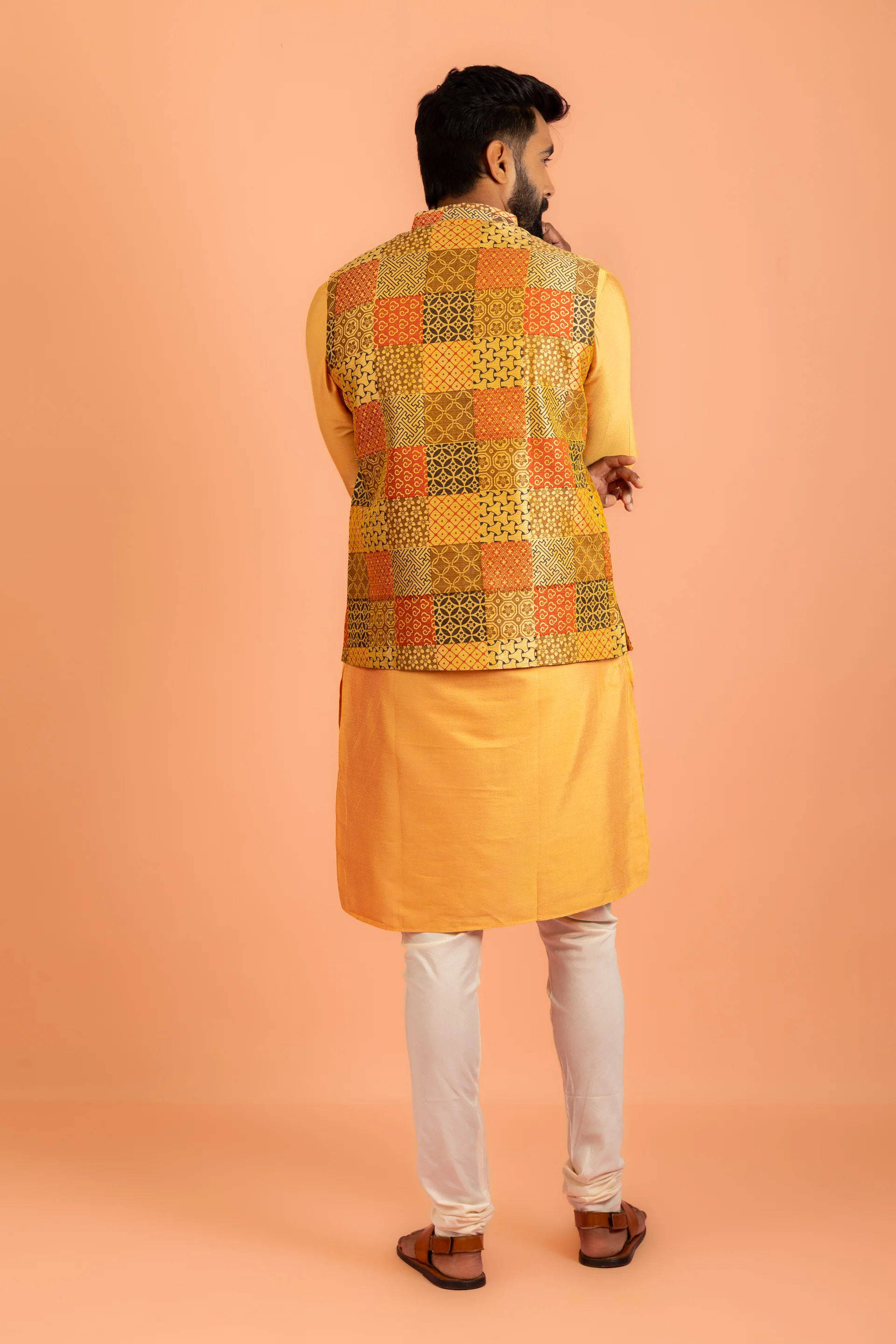 Yellow Silk Printed Nehru Jacket Kurta Churidar - Image 4
