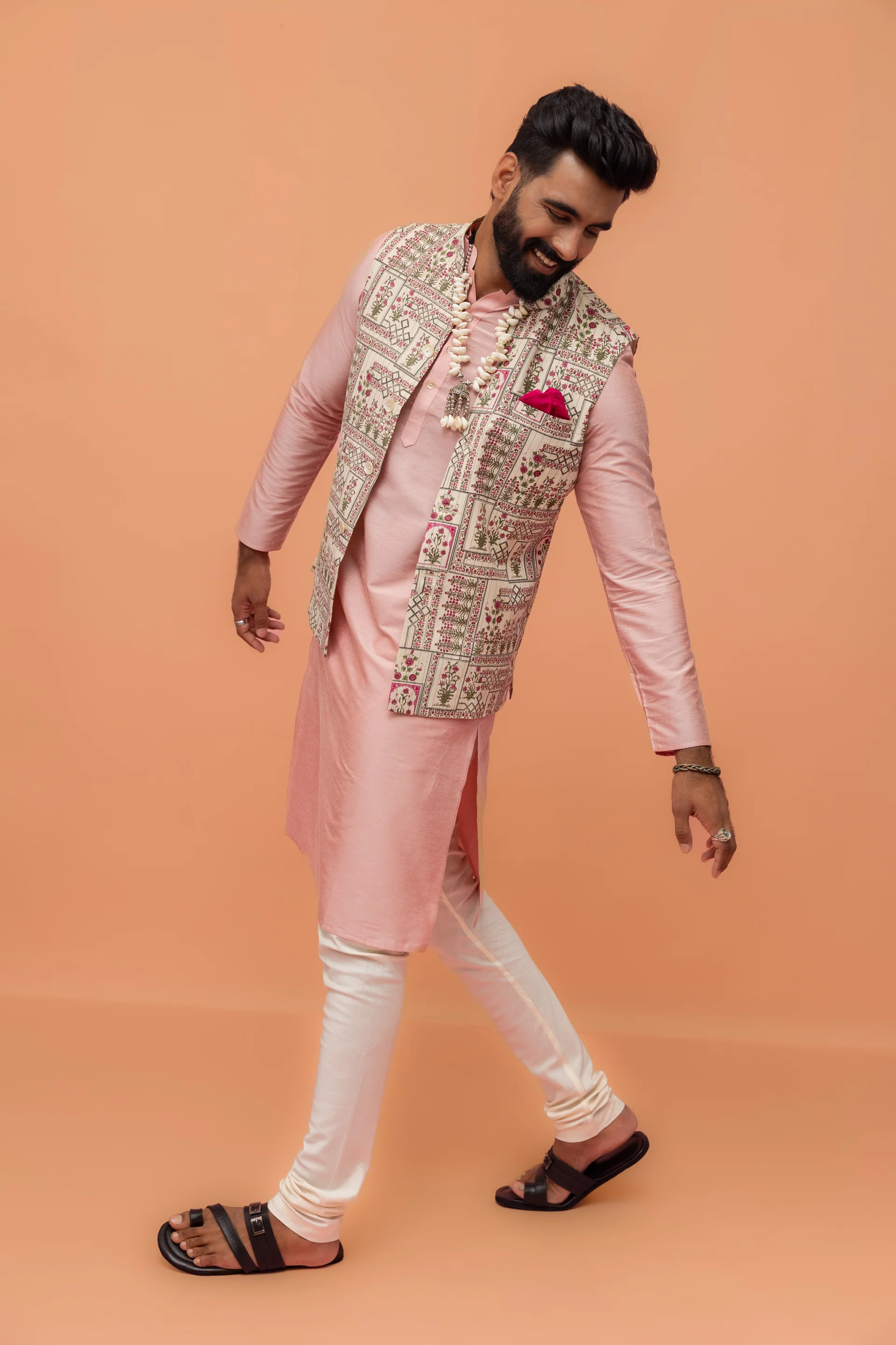 Pink Kurta Ivory Churidar with Embroidered Jacket - Image 3
