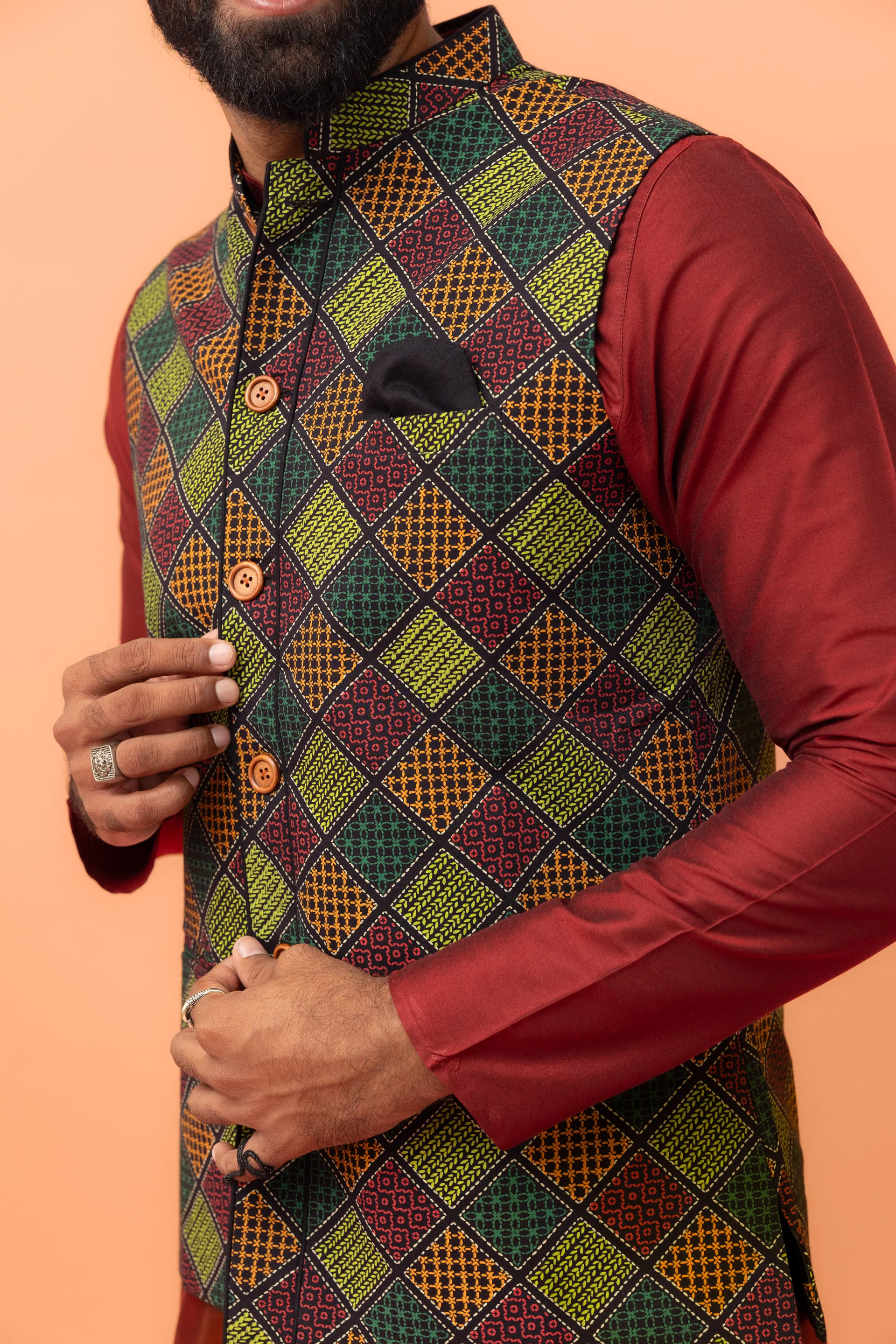 Multicolor Printed Nehru Jacket Kurta Churidar - Image 6