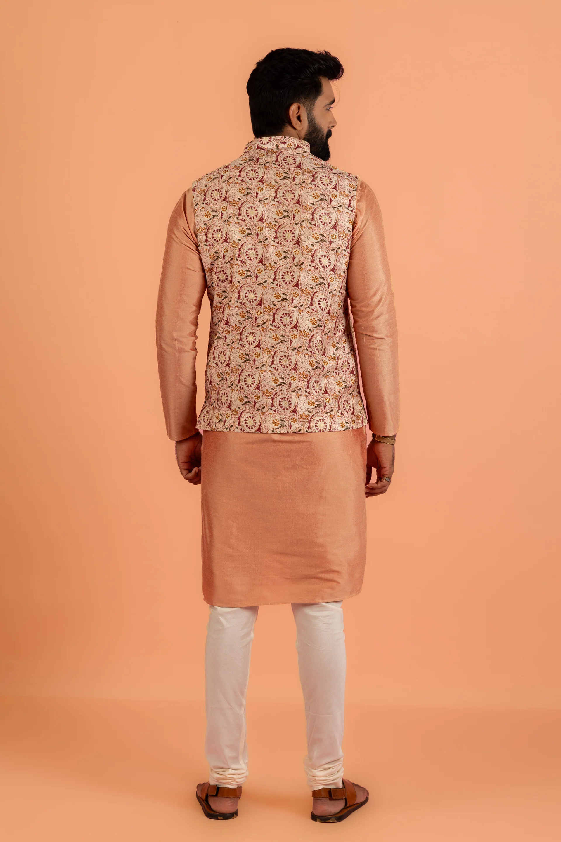 Peach Silk Blend Kurta Churidar with Printed Jacket - Image 4