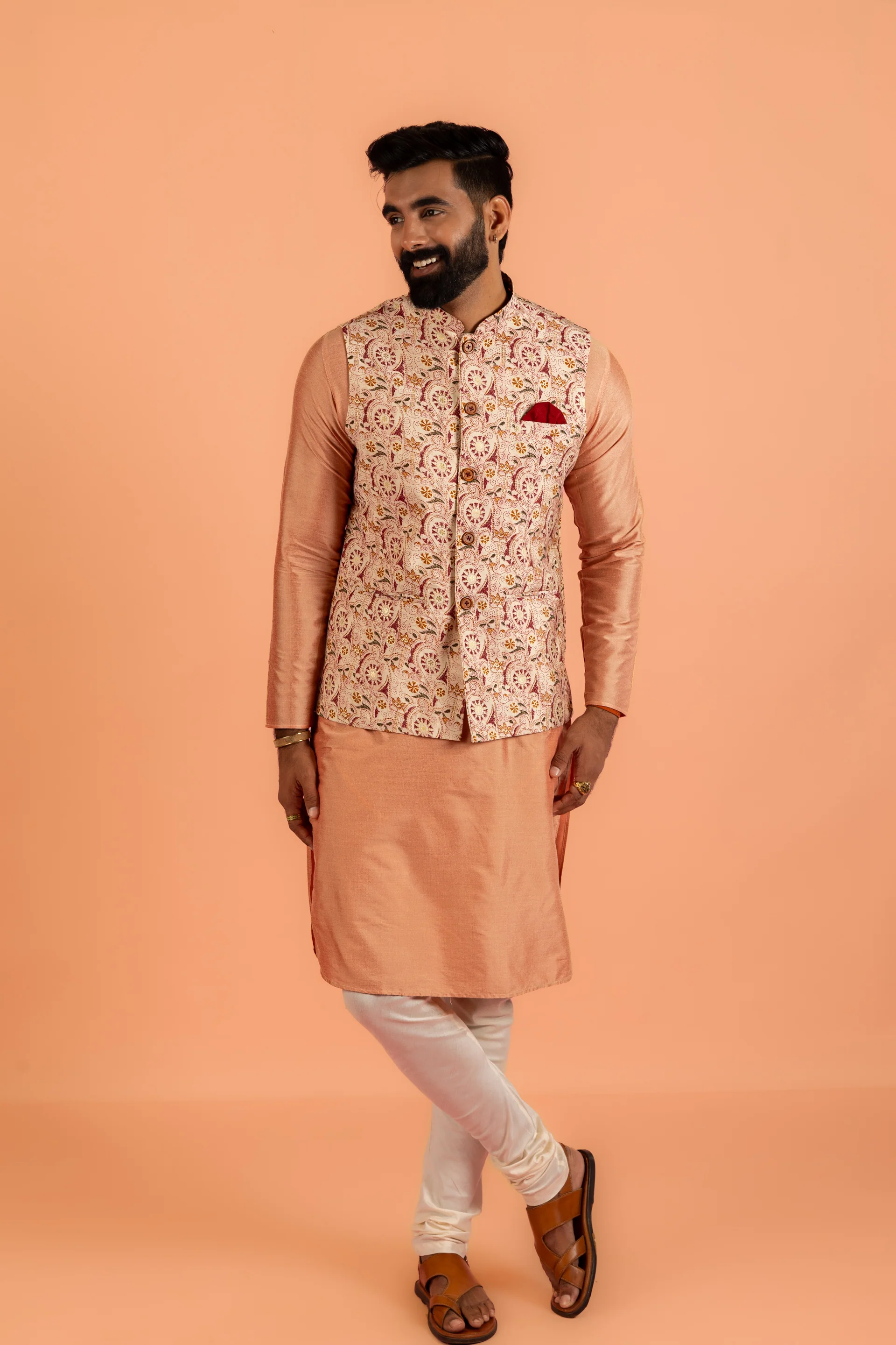Peach Silk Blend Kurta Churidar with Printed Jacket - Image 8
