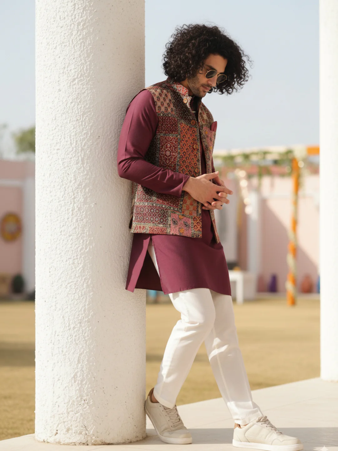 Multi Color Art Silk Printed Nehru Jacket Bundi Set with Kurta and Trouser