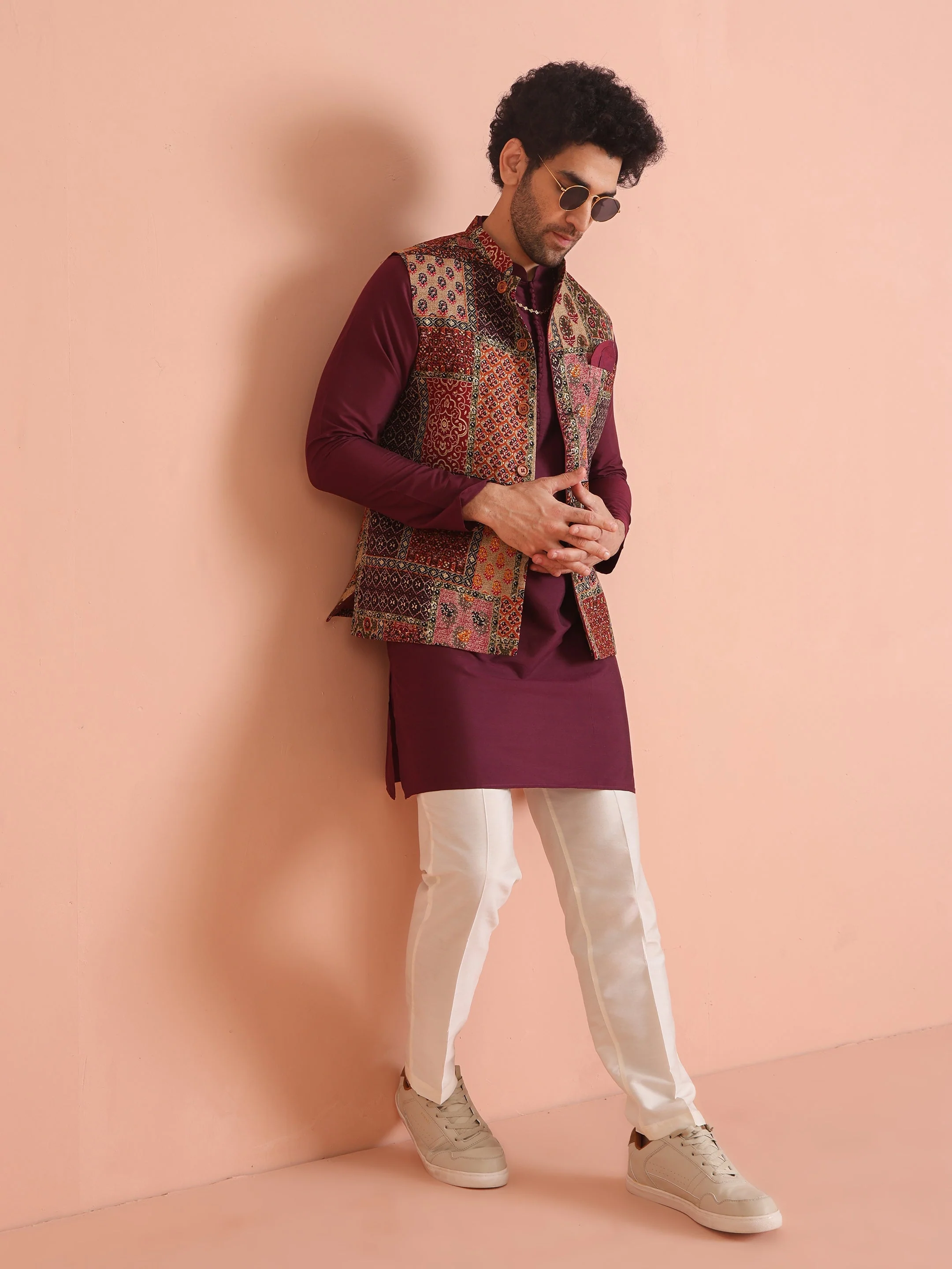 Multi Color Art Silk Printed Nehru Jacket Bundi Set with Kurta and Trouser - Image 10