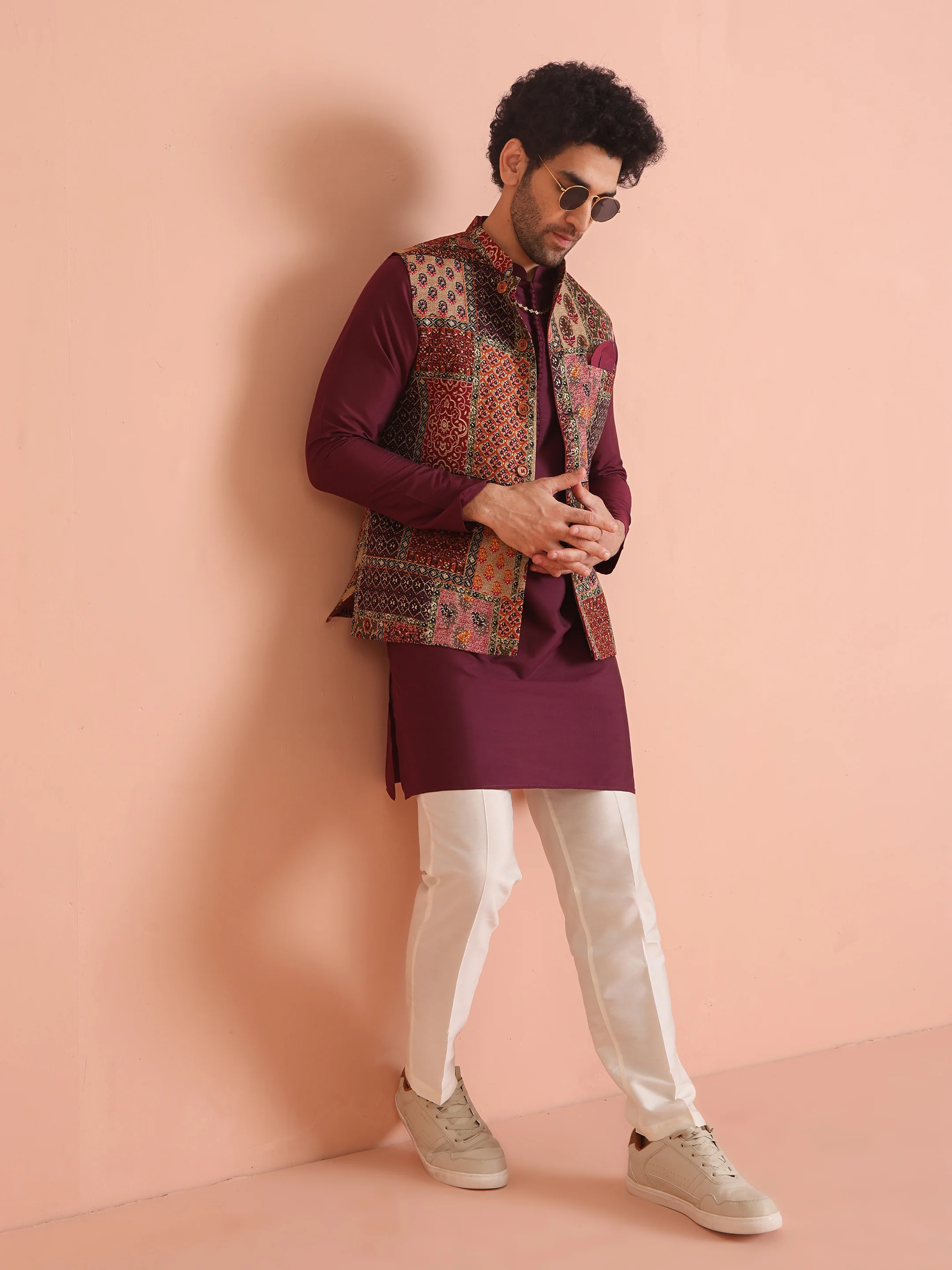 Multi Color Art Silk Printed Nehru Jacket Bundi Set with Kurta and Trouser - Image 2