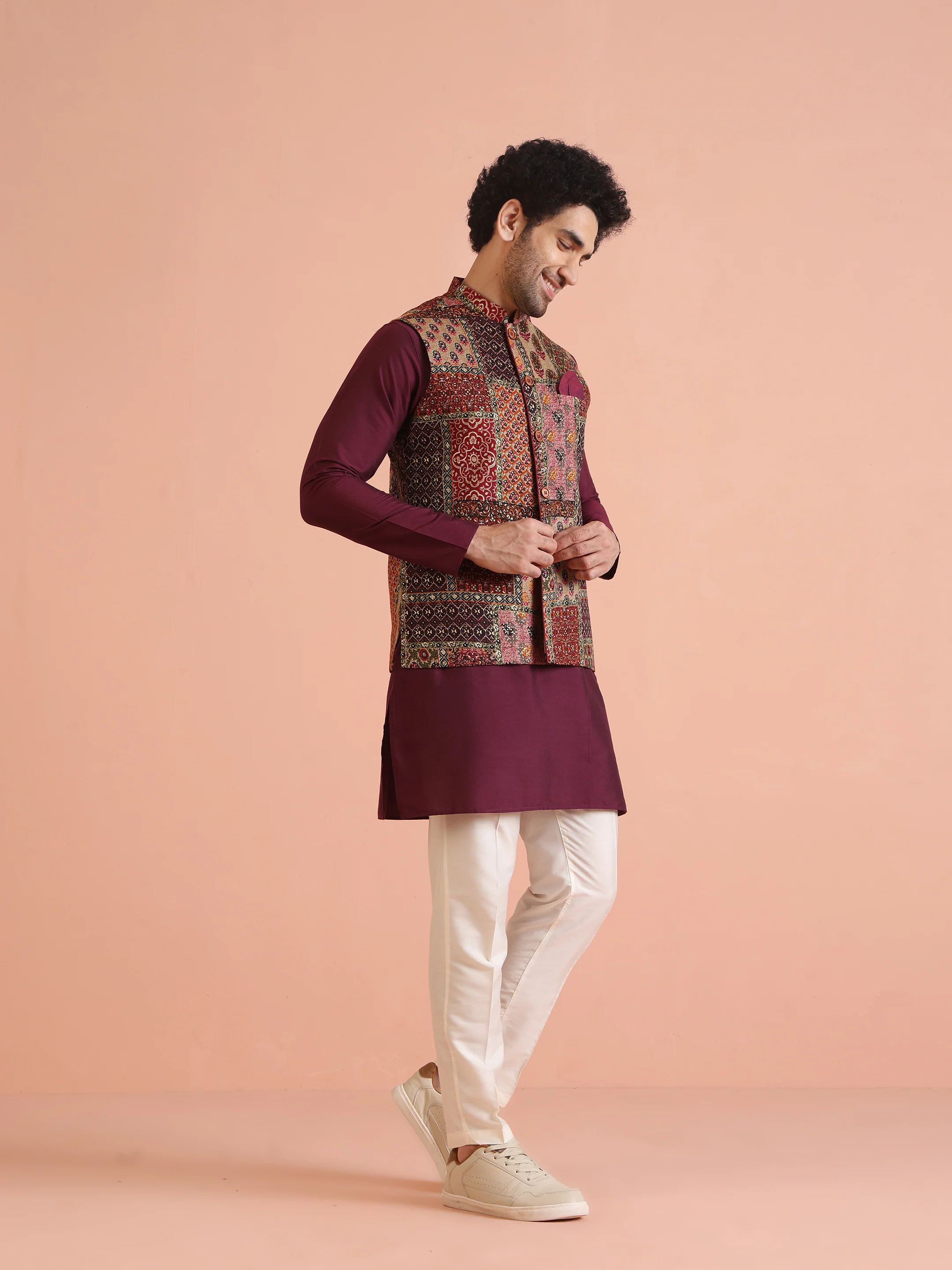 Multi Color Art Silk Printed Nehru Jacket Bundi Set with Kurta and Trouser - Image 4