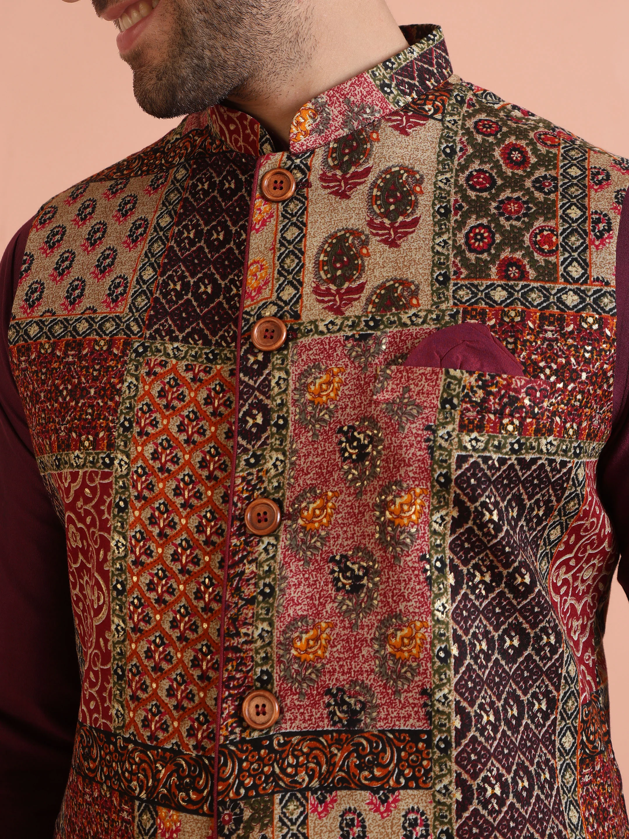 Multi Color Art Silk Printed Nehru Jacket Bundi Set with Kurta and Trouser - Image 6