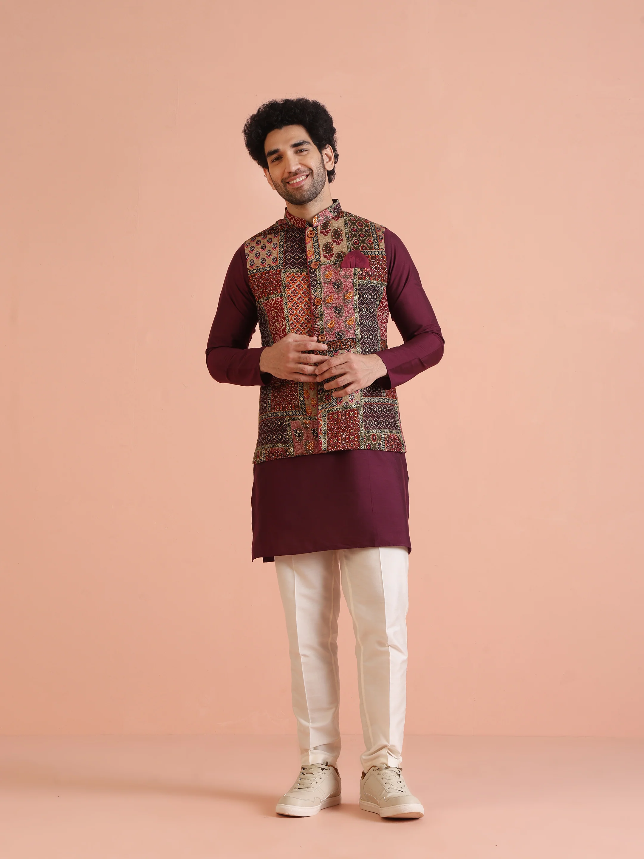 Multi Color Art Silk Printed Nehru Jacket Bundi Set with Kurta and Trouser - Image 9