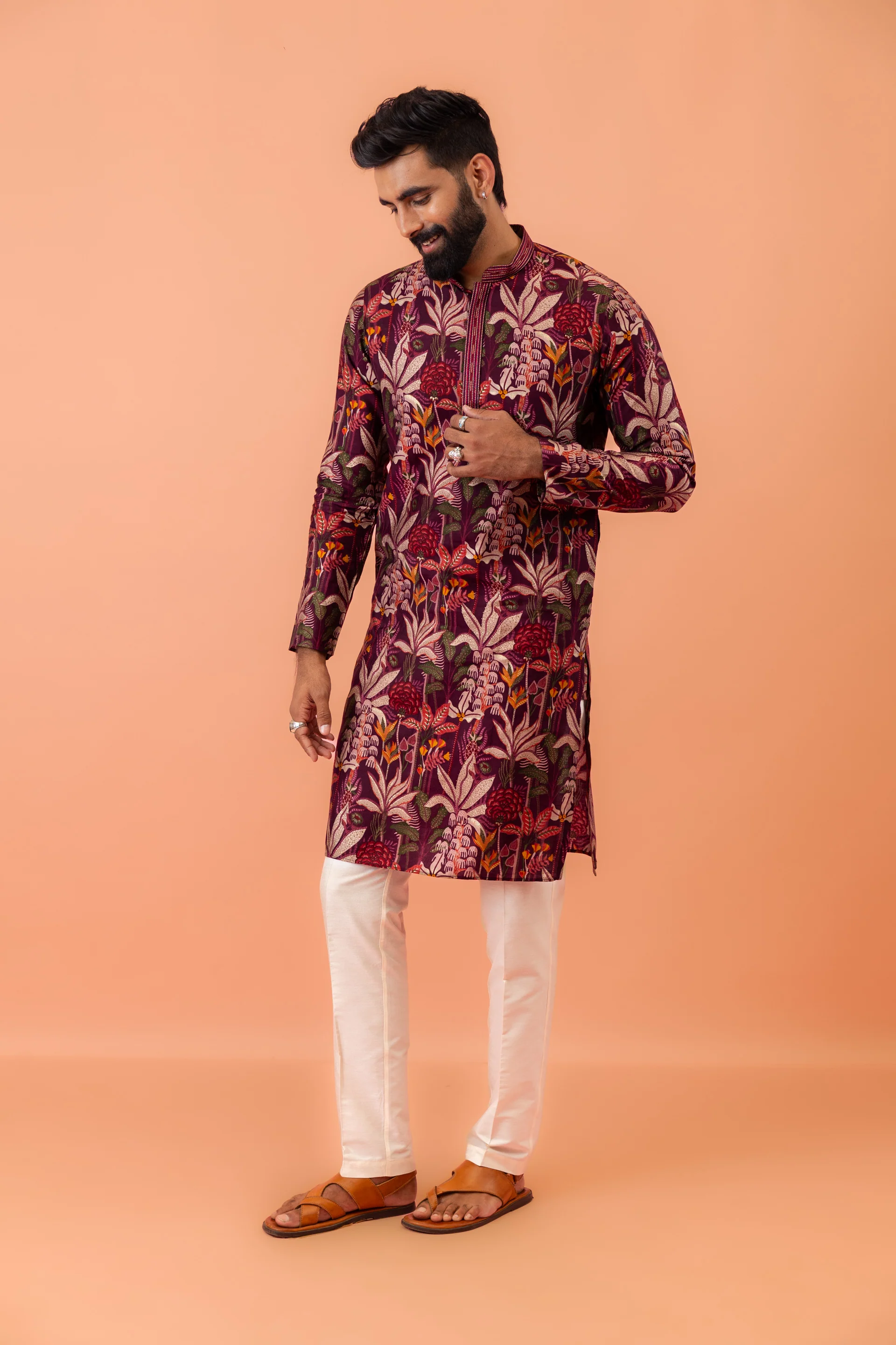 Men Maroon Multi-Color Floral Printed Kurta Set - Image 3